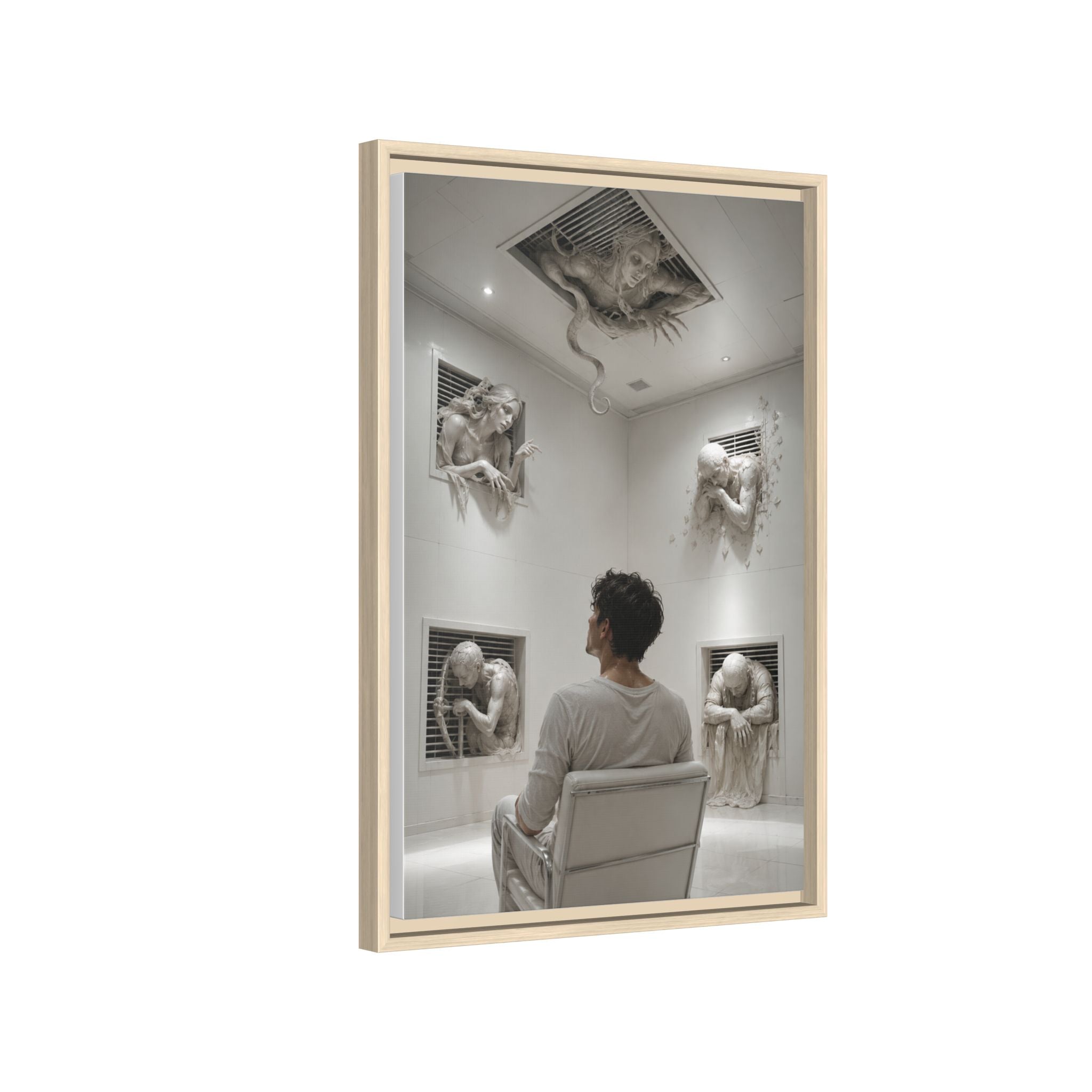Surreal Wall Art Canvas — Man in Gallery with Sculpted Figures, Framed Matte Print