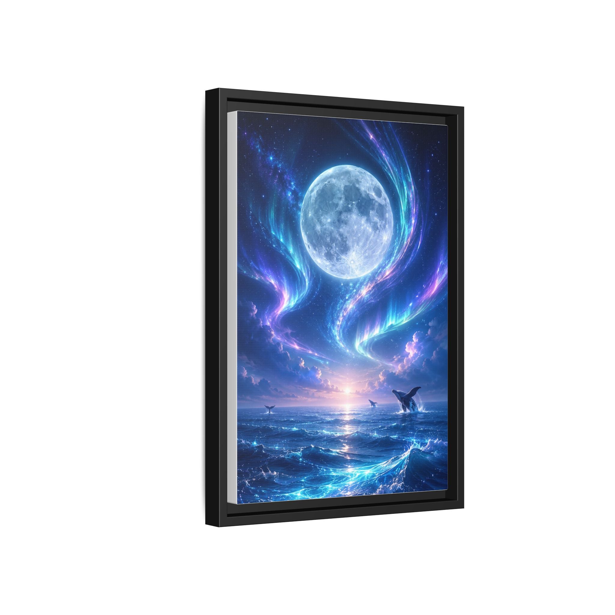 Framed Canvas Art - Lunar Aurora Ocean Scene