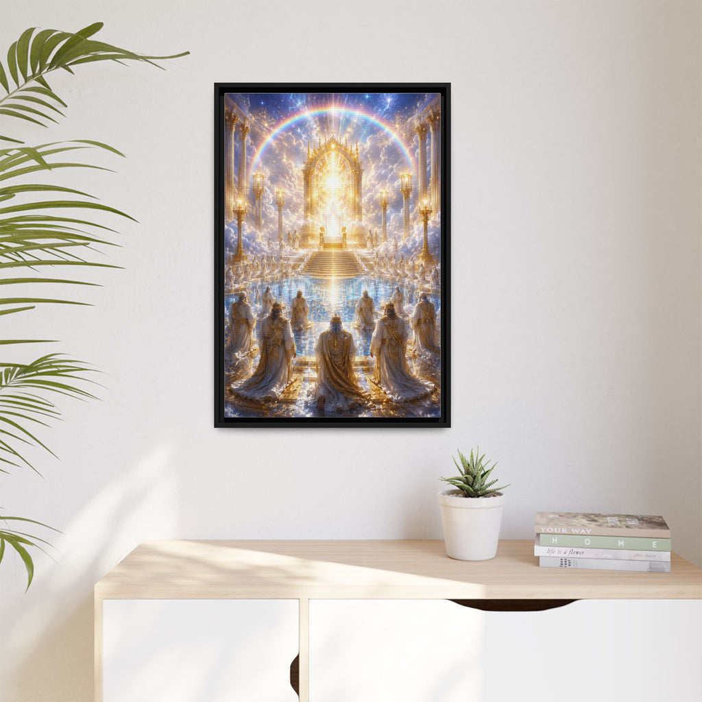Heavenly Throne Room Matte Framed Canvas — Golden Angelic Realm Wall Art