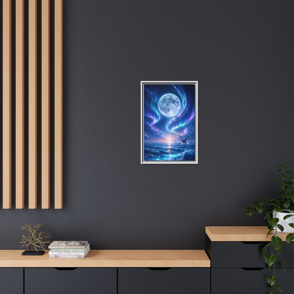 Framed Canvas Art - Lunar Aurora Ocean Scene