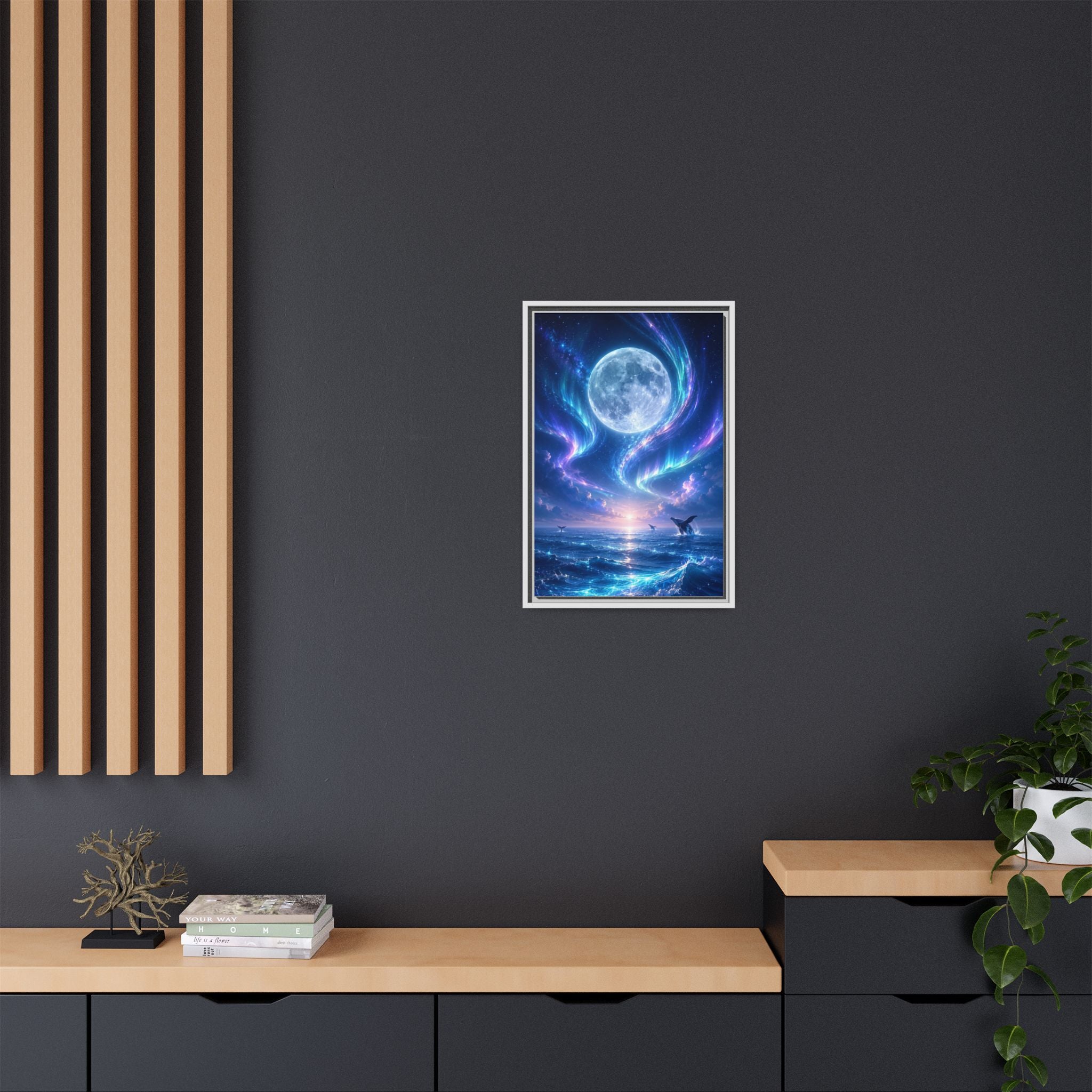Framed Canvas Art - Lunar Aurora Ocean Scene