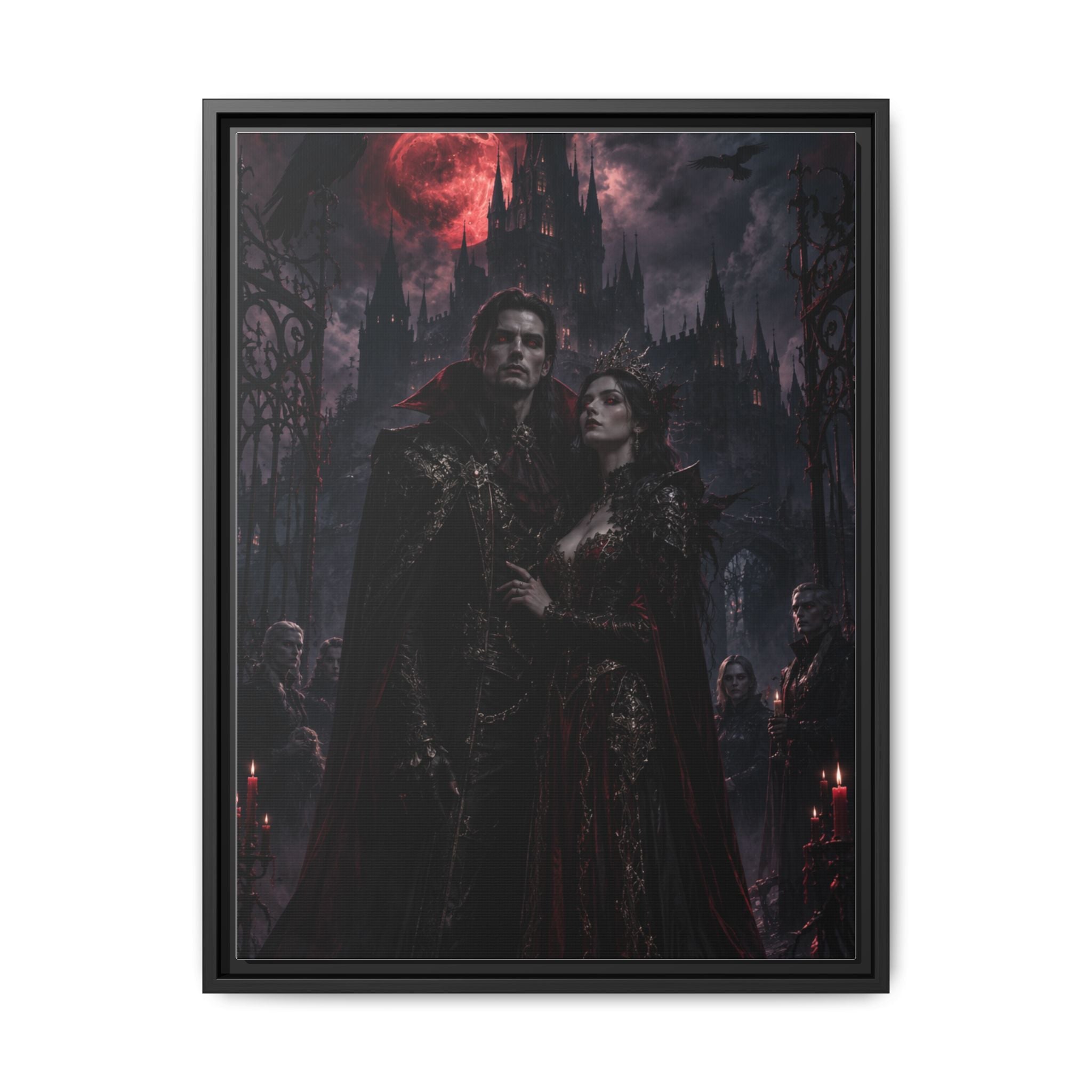 Vampire Couple Matte Framed Canvas Art – Gothic Red Moon Wall Decor