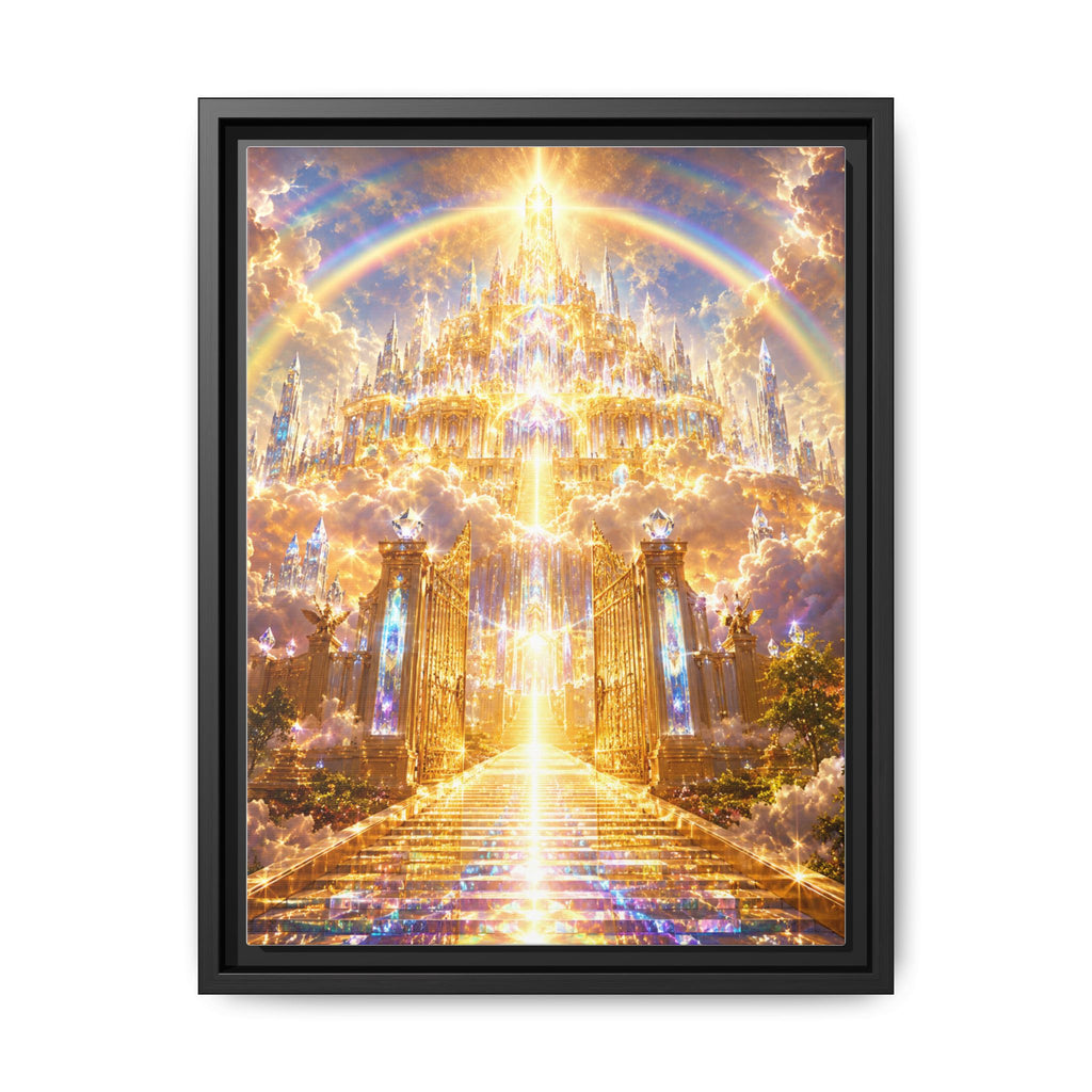 Heavenly Gateway Matte Framed Canvas — Golden Rainbow Spiritual Wall Art