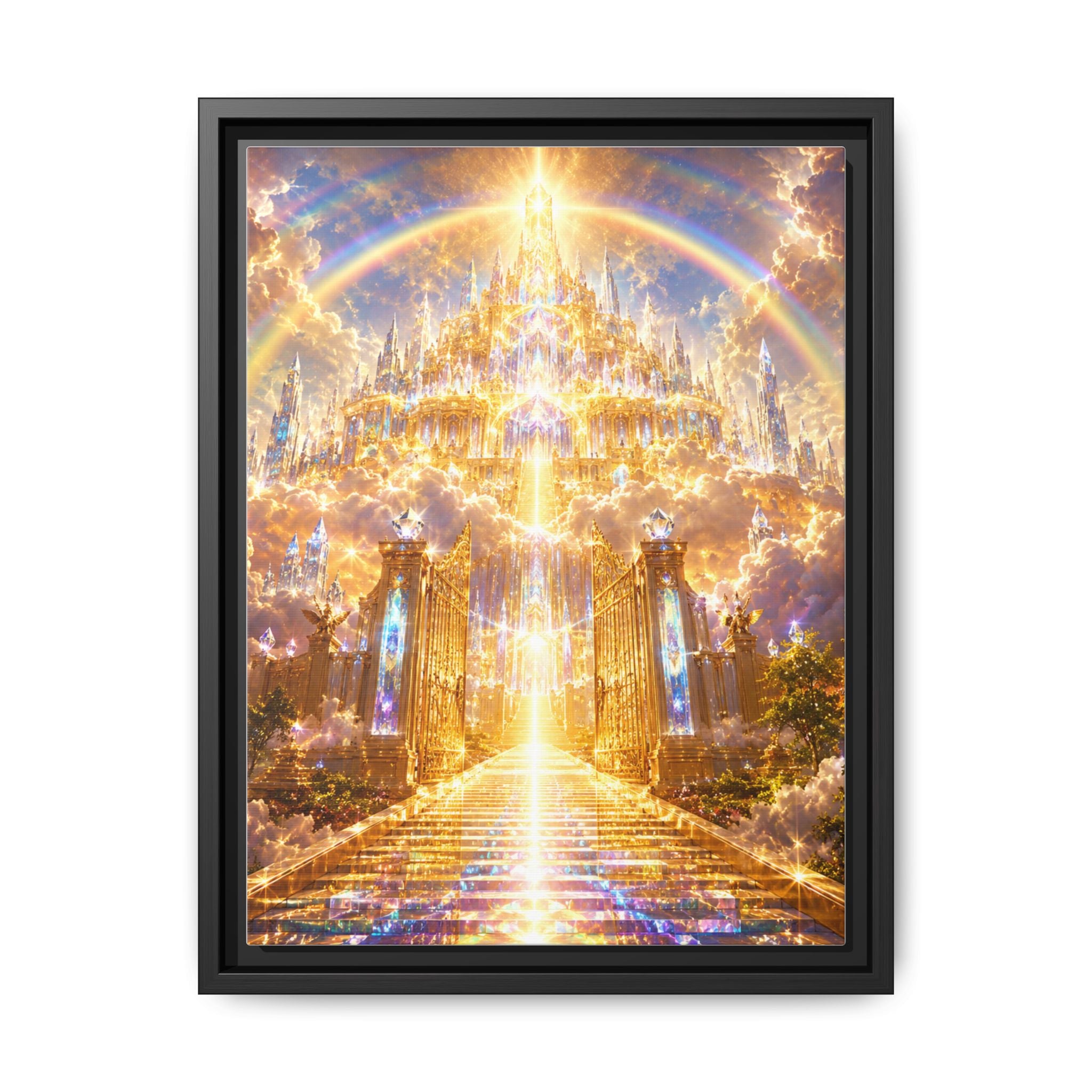 Heavenly Gateway Matte Framed Canvas — Golden Rainbow Spiritual Wall Art