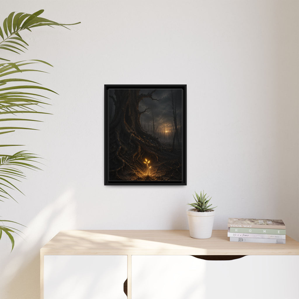 Framed Matte Canvas — Glow Sprout in Dark Forest (Ethereal Fantasy Wall Art)