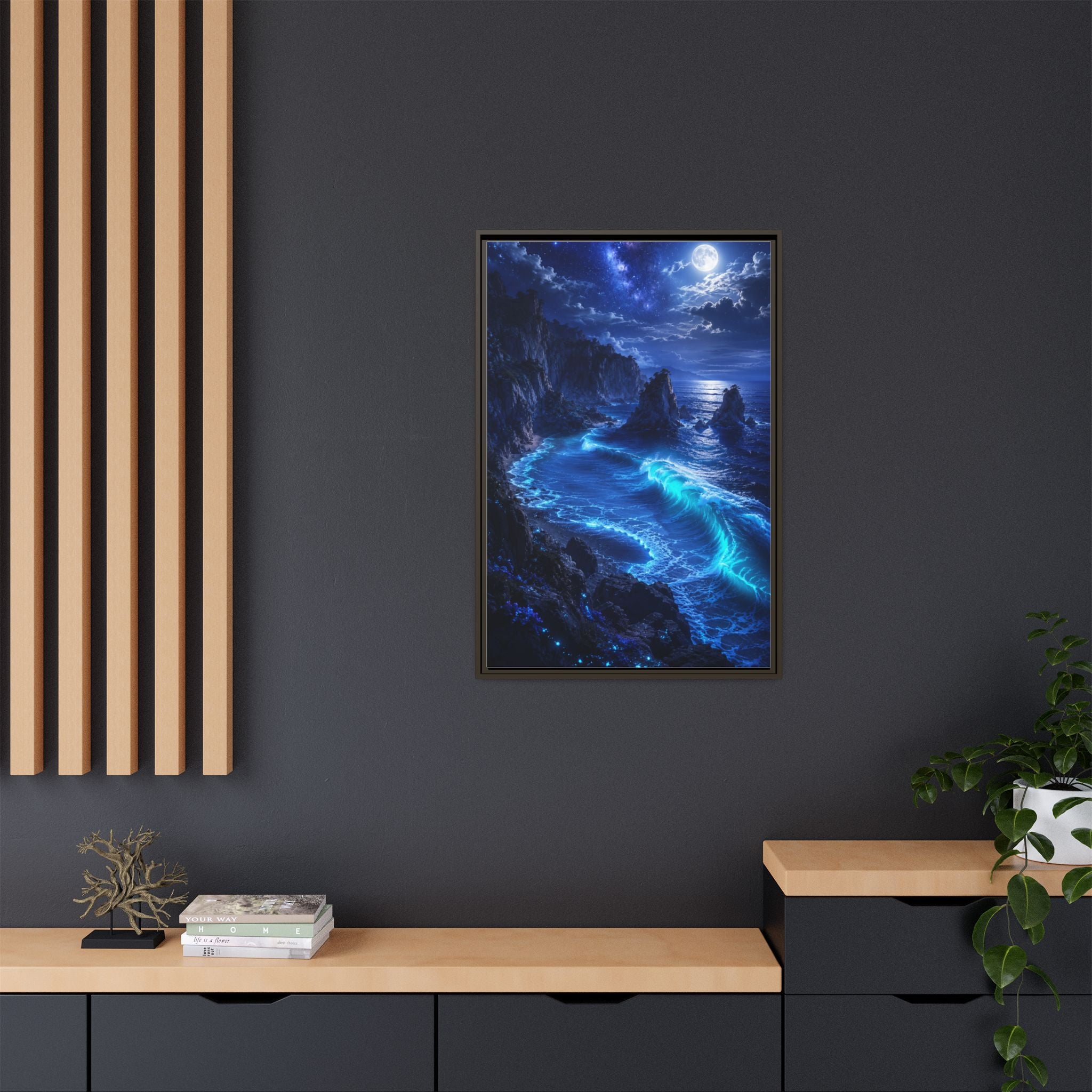 Framed Matte Canvas: Luminous Moonlit Ocean Art Print