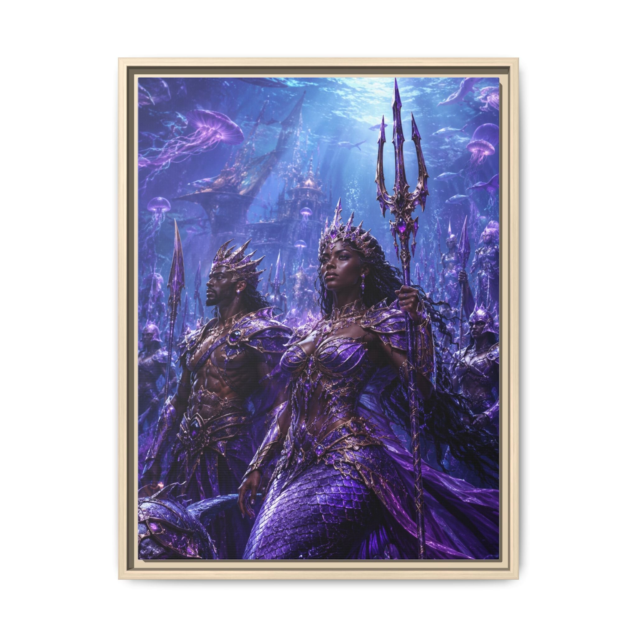 Framed Matte Canvas Print — Regal Underwater Merfolk Royalty (Purple)