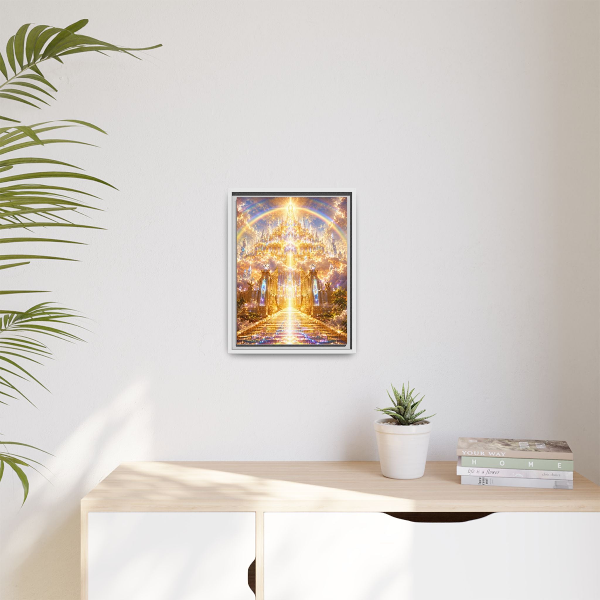 Heavenly Gateway Matte Framed Canvas — Golden Rainbow Spiritual Wall Art