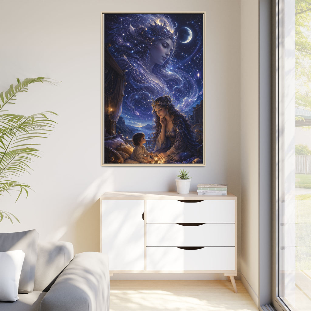 Framed Matte Canvas — Mystical Moon Mother & Child Nightscape Wall Art