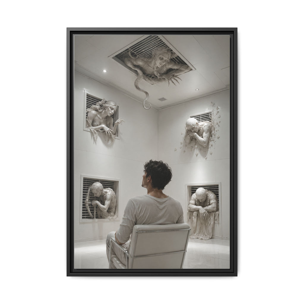 Surreal Wall Art Canvas — Man in Gallery with Sculpted Figures, Framed Matte Print