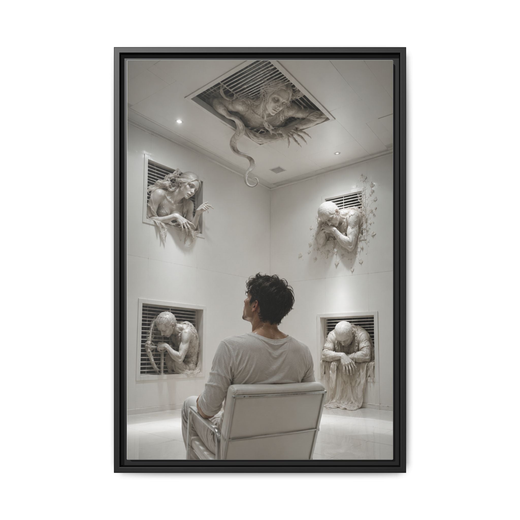 Surreal Wall Art Canvas — Man in Gallery with Sculpted Figures, Framed Matte Print