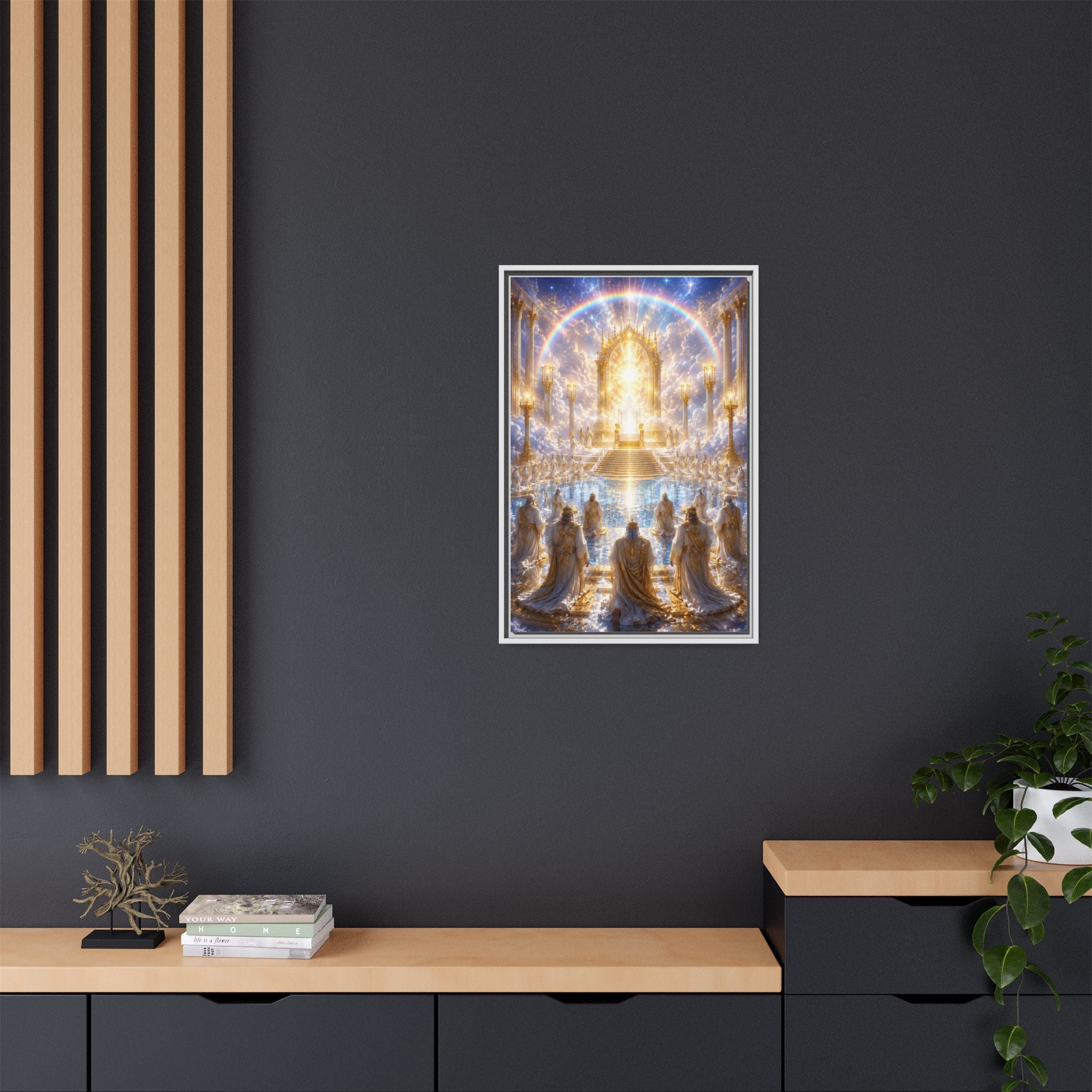 Heavenly Throne Room Matte Framed Canvas — Golden Angelic Realm Wall Art