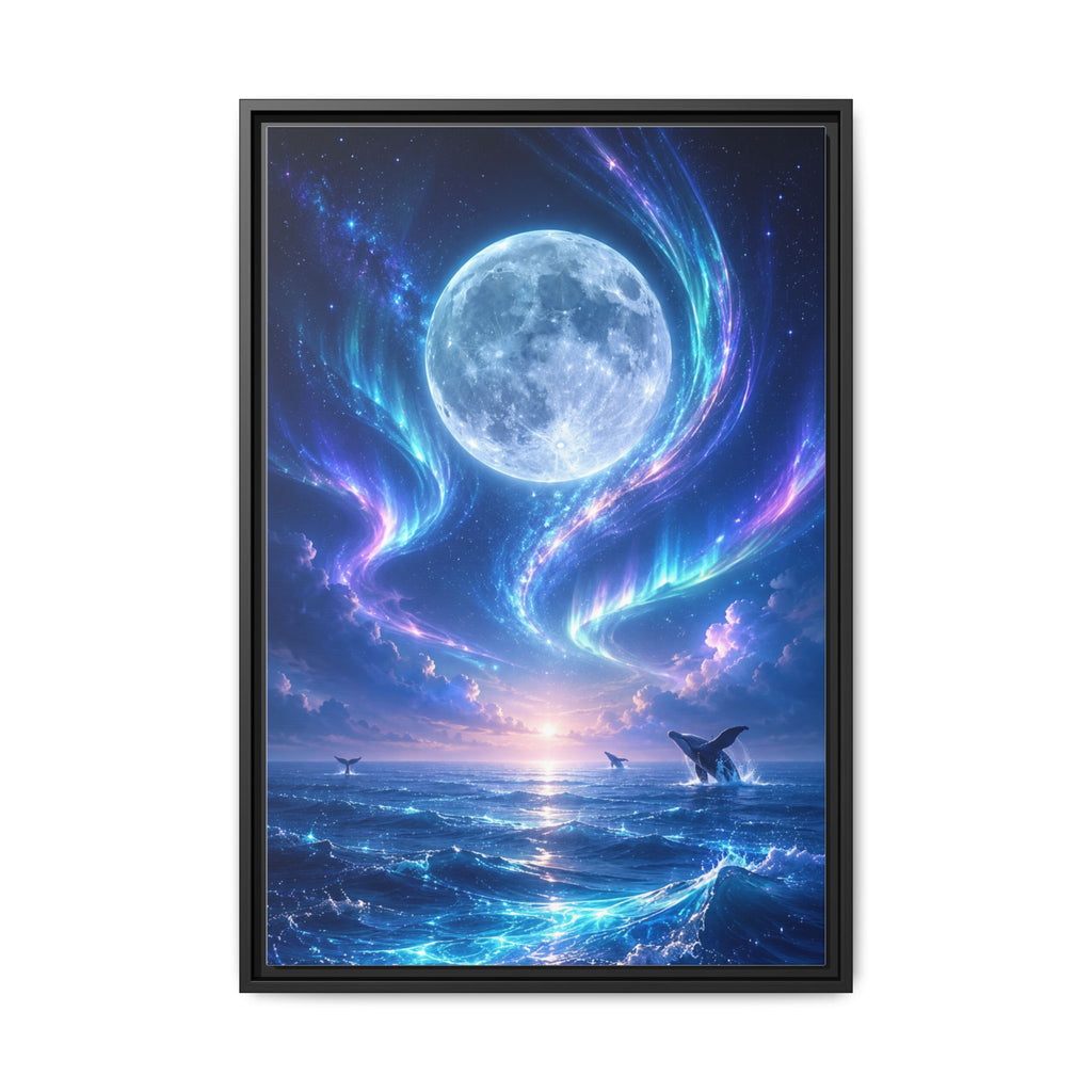 Framed Canvas Art - Lunar Aurora Ocean Scene
