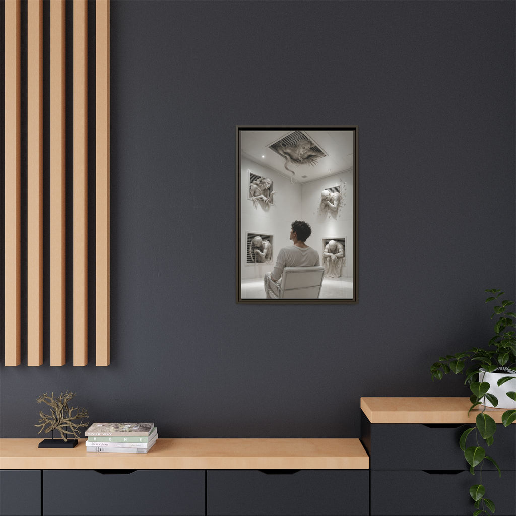 Surreal Wall Art Canvas — Man in Gallery with Sculpted Figures, Framed Matte Print
