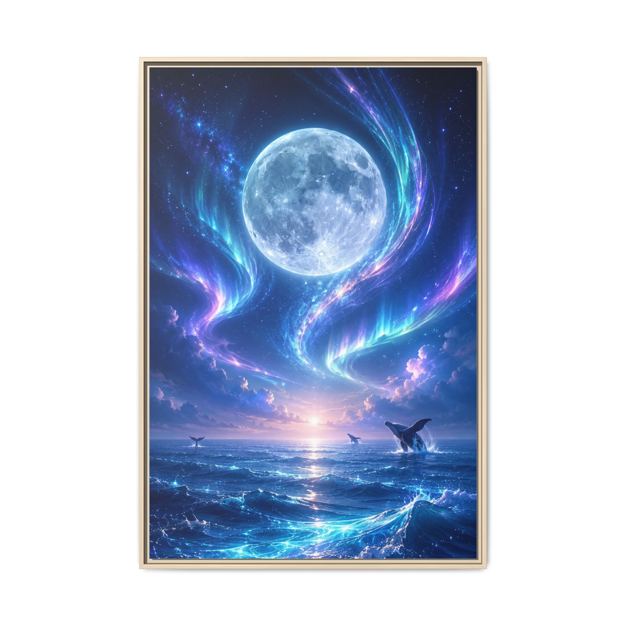 Framed Canvas Art - Lunar Aurora Ocean Scene