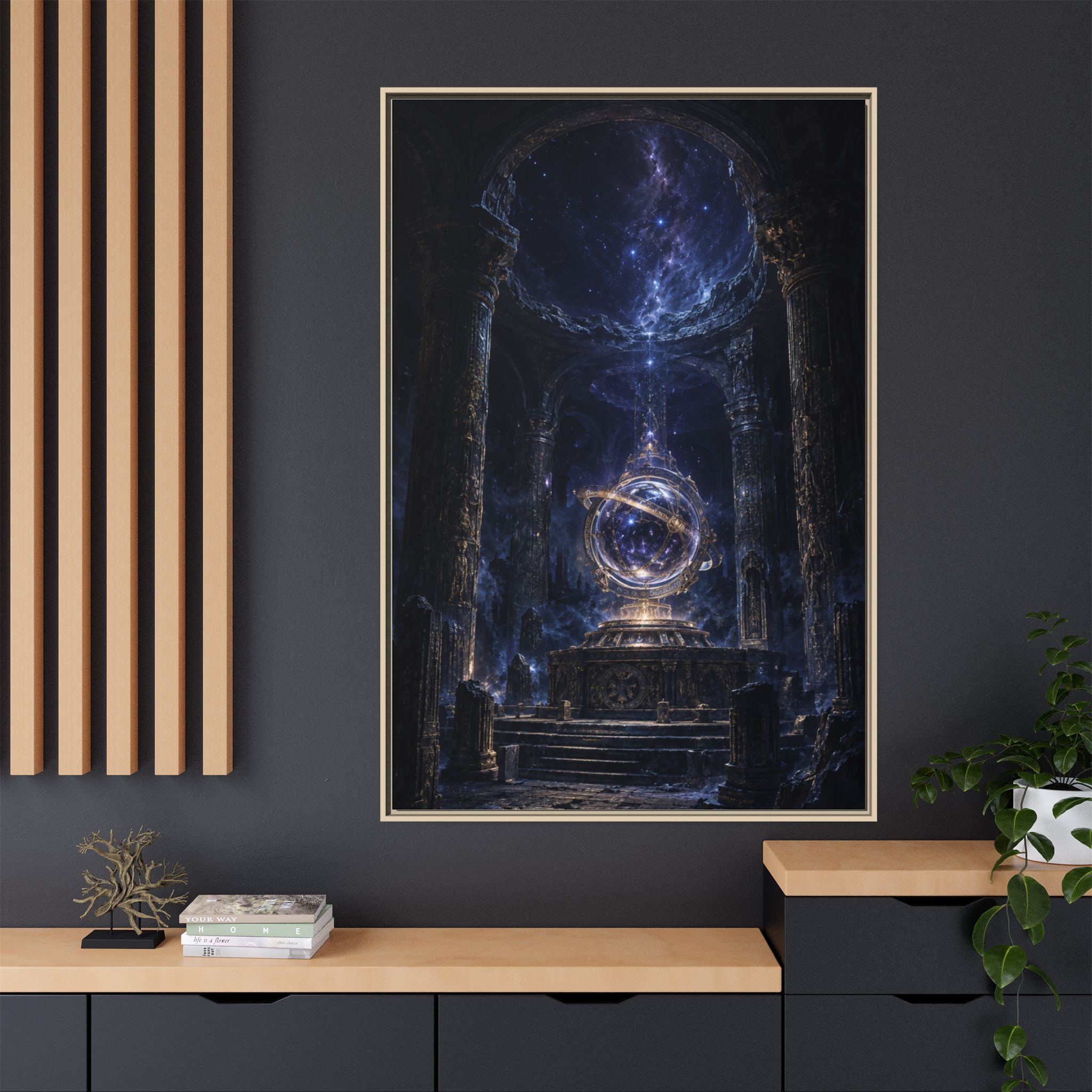 Framed Cosmic Temple Matte Canvas Art — Mystic Astral Orb Wall Decor