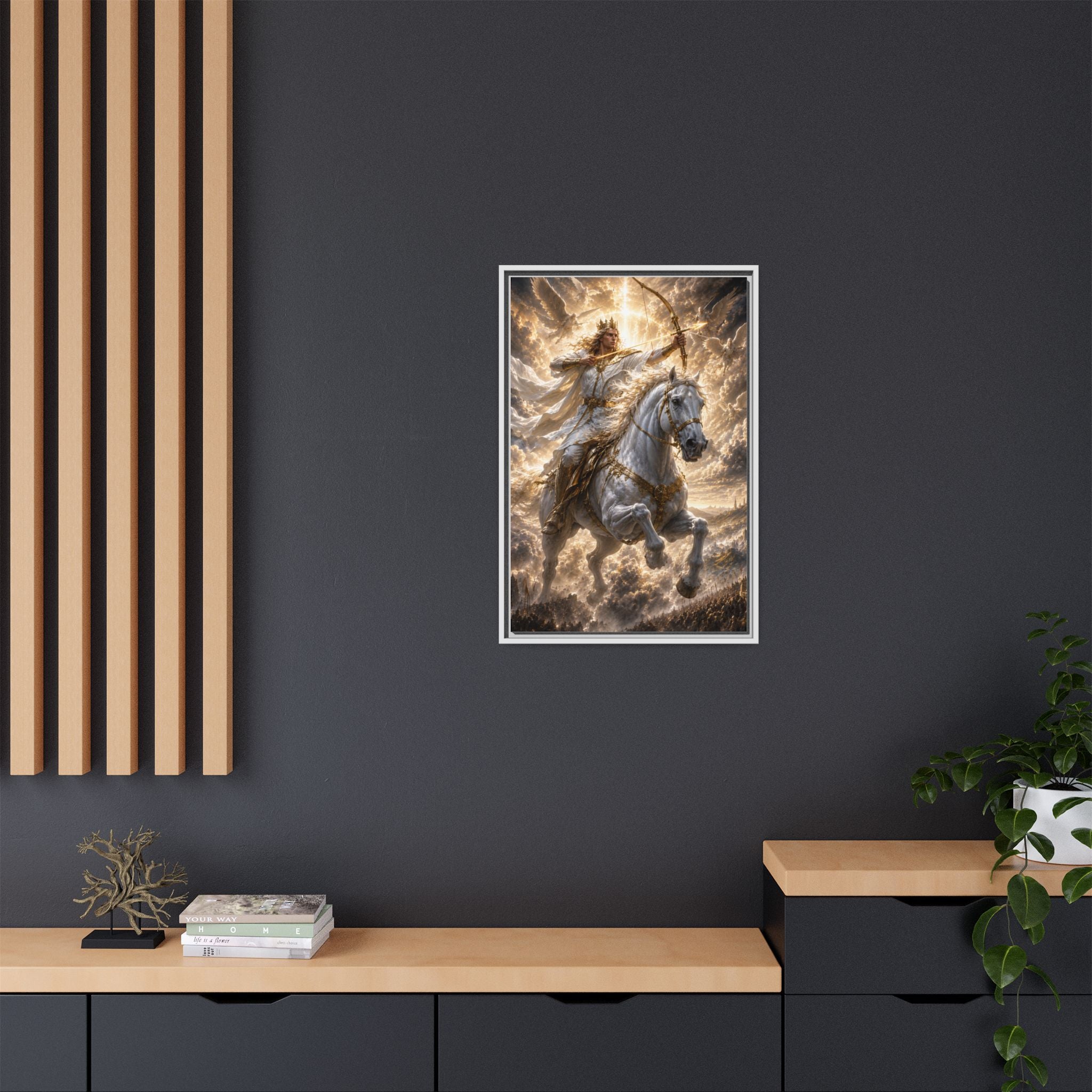 Mythic Warrior on White Steed — Framed Matte Canvas Wall Art