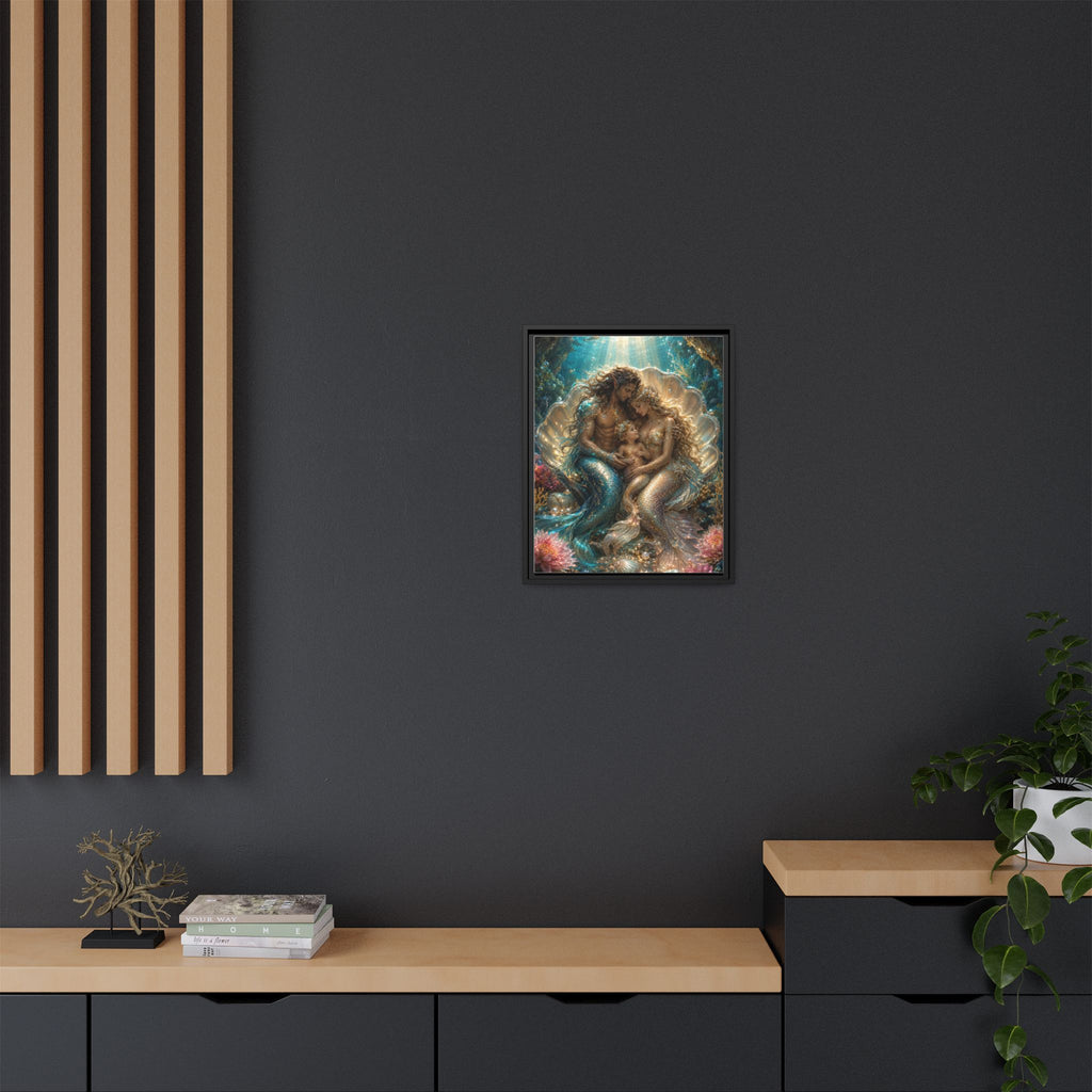 Framed Mermaid Family Art Print — Oceanic Fantasy Canvas Wall Decor