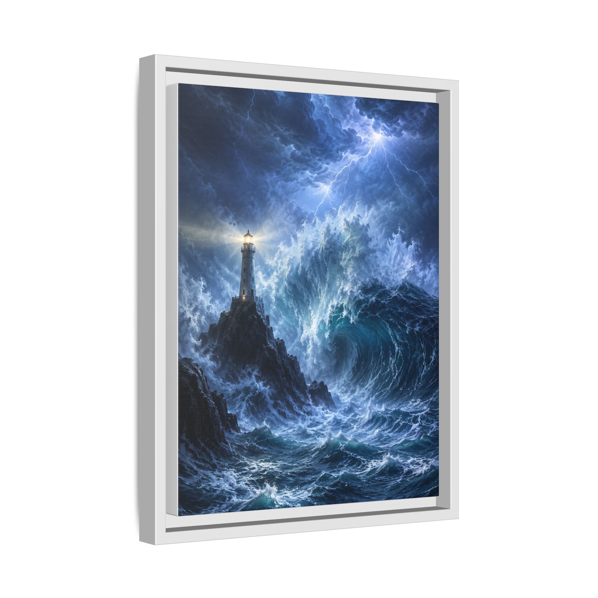 Framed Matte Canvas – Stormy Lighthouse Ocean Print