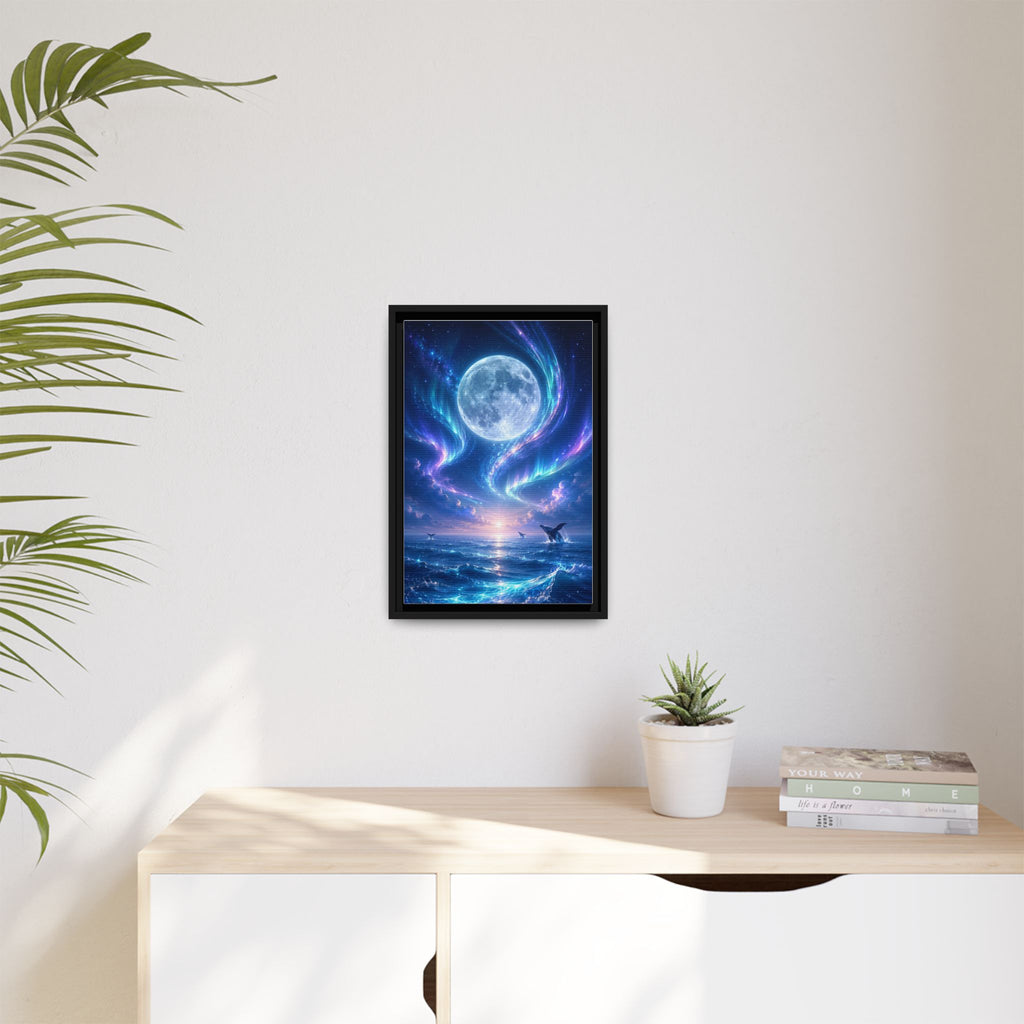 Framed Canvas Art - Lunar Aurora Ocean Scene