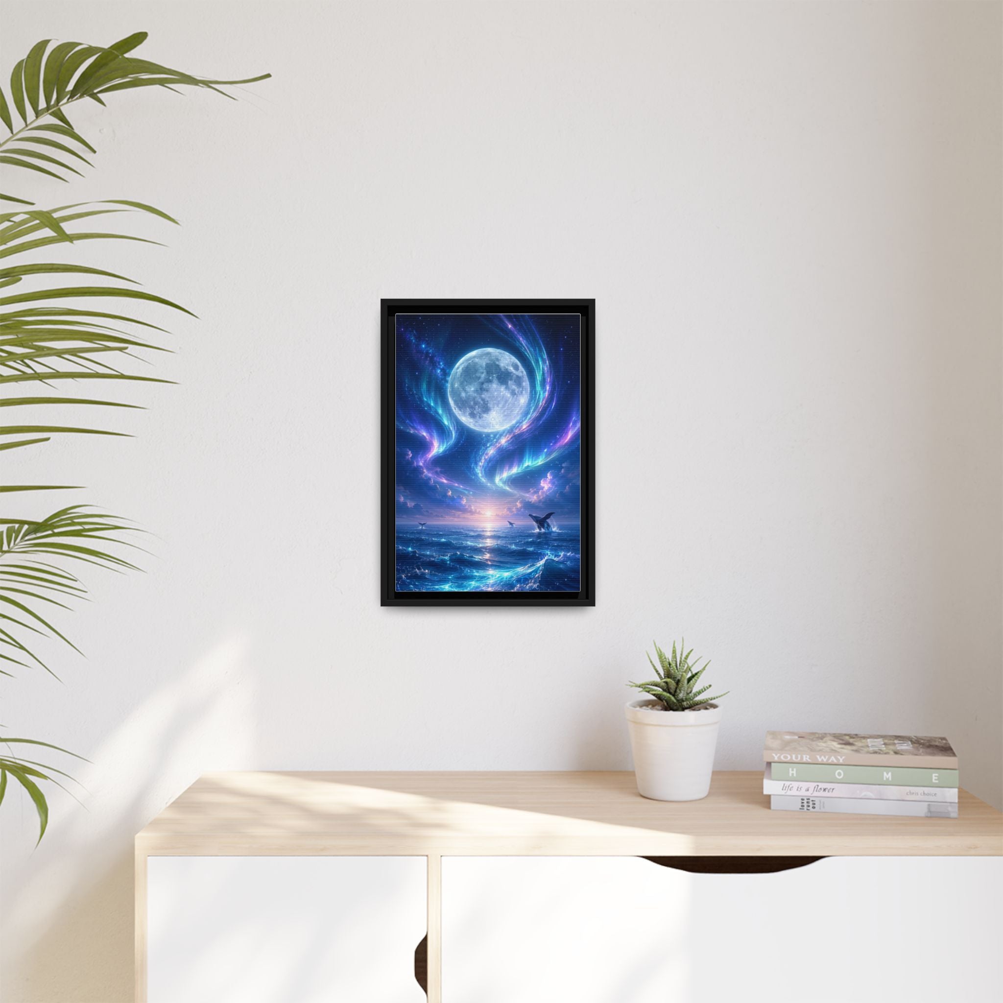 Framed Canvas Art - Lunar Aurora Ocean Scene