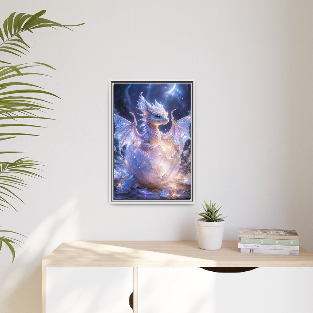 Framed Fantasy Dragon Canvas Print — Mystical Baby Dragon in Cracked Egg Wall Art