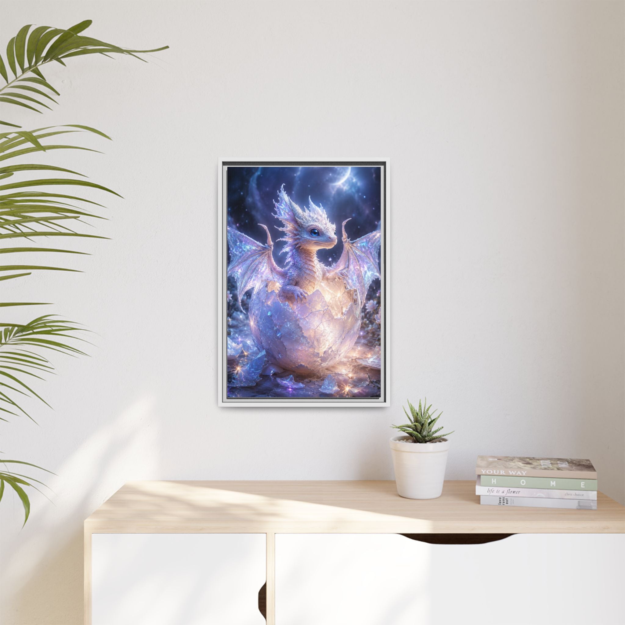 Framed Fantasy Dragon Canvas Print — Mystical Baby Dragon in Cracked Egg Wall Art