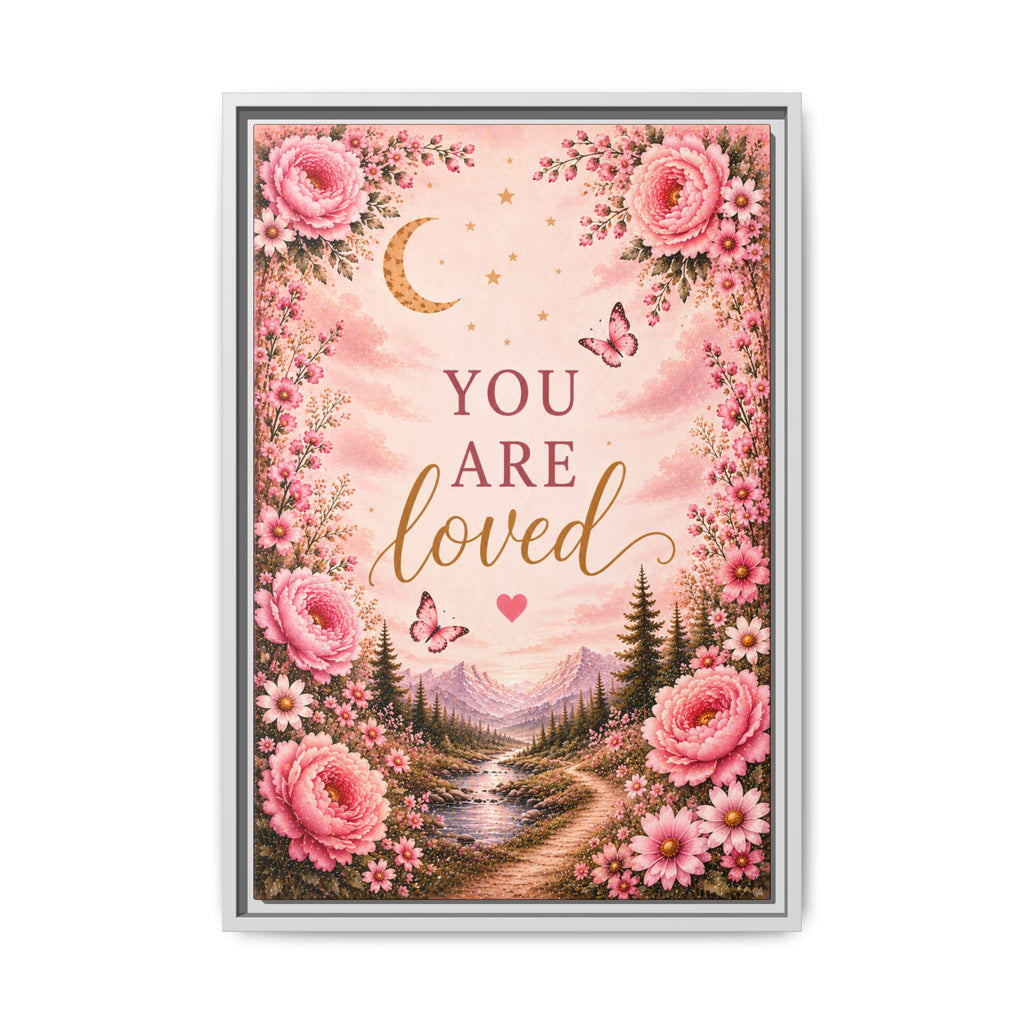 You Are Loved wall art Framed Canvas | Floral moon landscape print