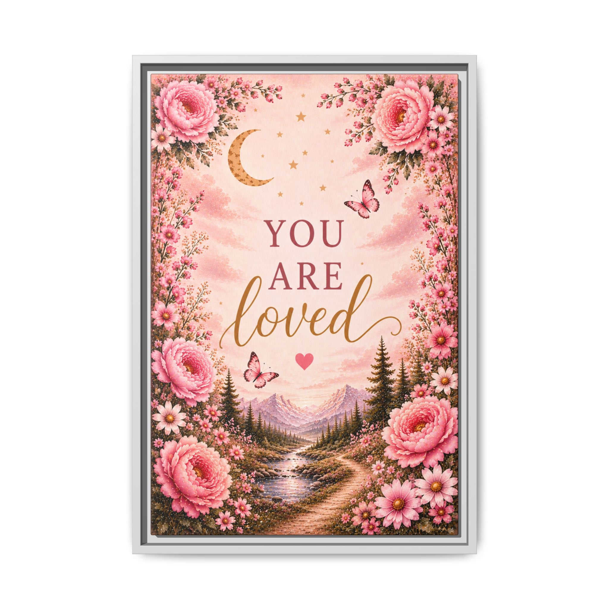 You Are Loved wall art Framed Canvas | Floral moon landscape print