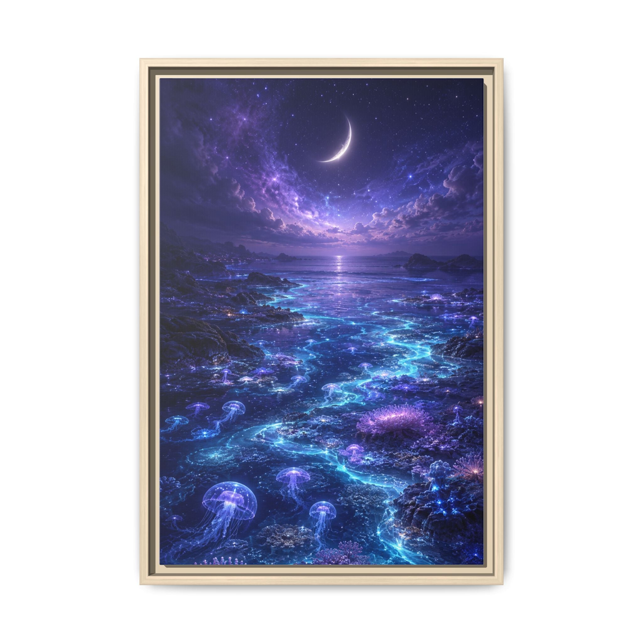 Framed Canvas Art — Bioluminescent Moonlit Ocean Scene