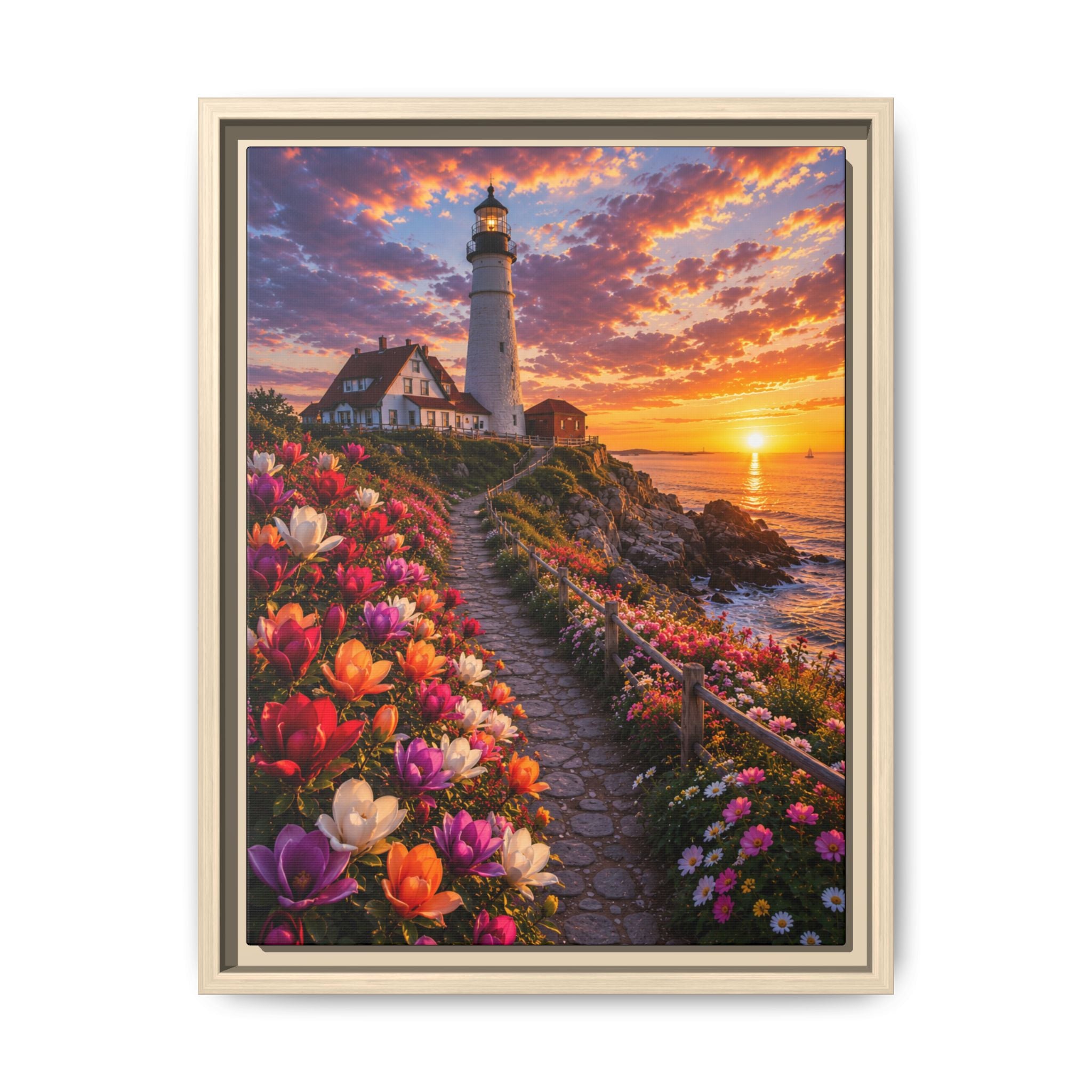 Framed Lighthouse Canvas Print — Coastal Sunset Garden Wall Art