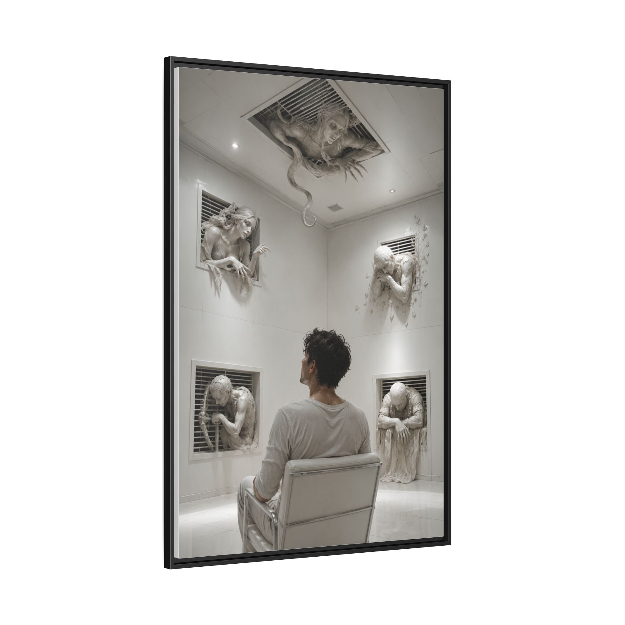 Surreal Wall Art Canvas — Man in Gallery with Sculpted Figures, Framed Matte Print