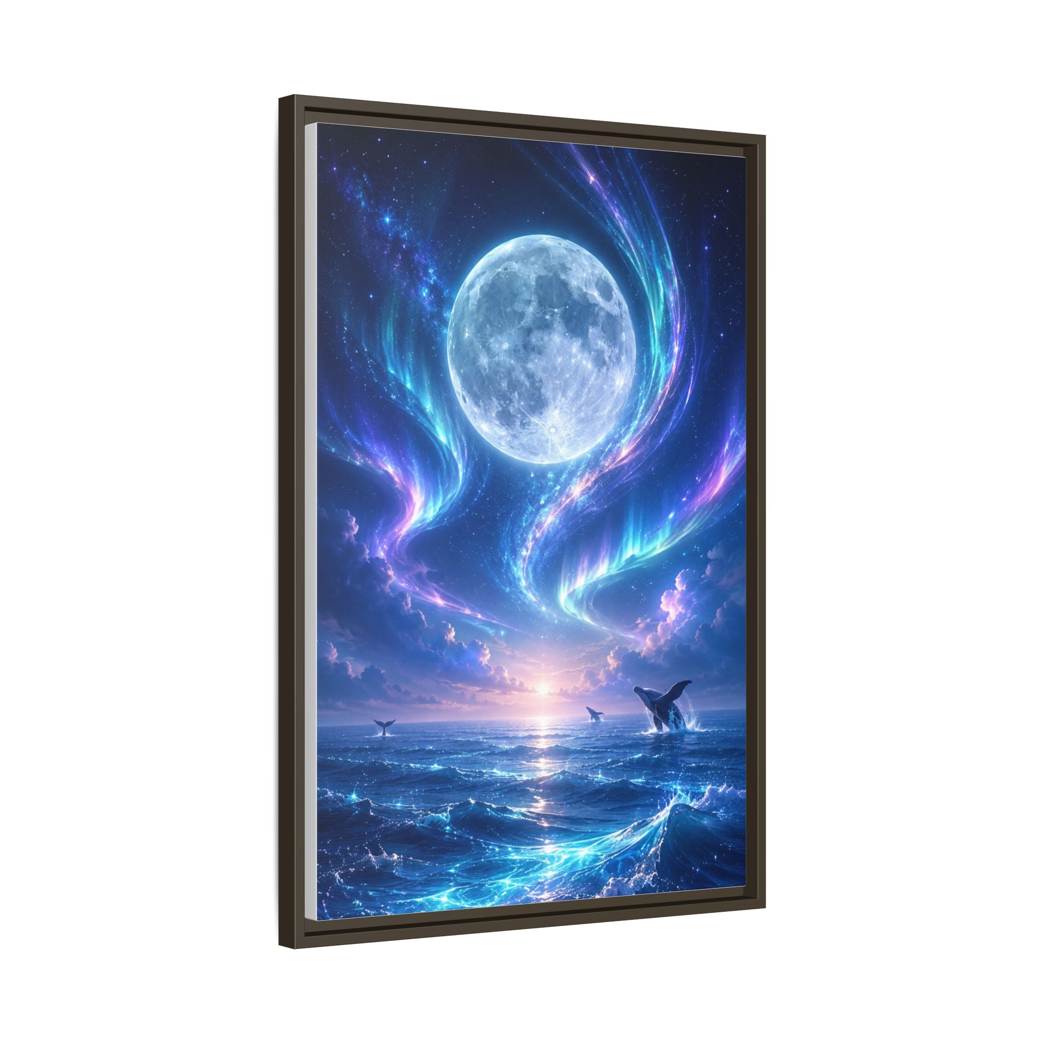 Framed Canvas Art - Lunar Aurora Ocean Scene