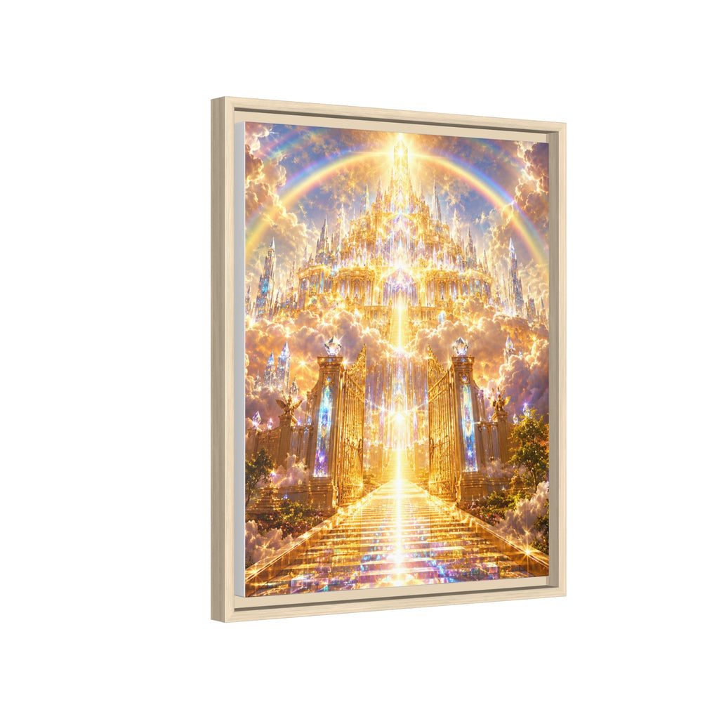 Heavenly Gateway Matte Framed Canvas — Golden Rainbow Spiritual Wall Art