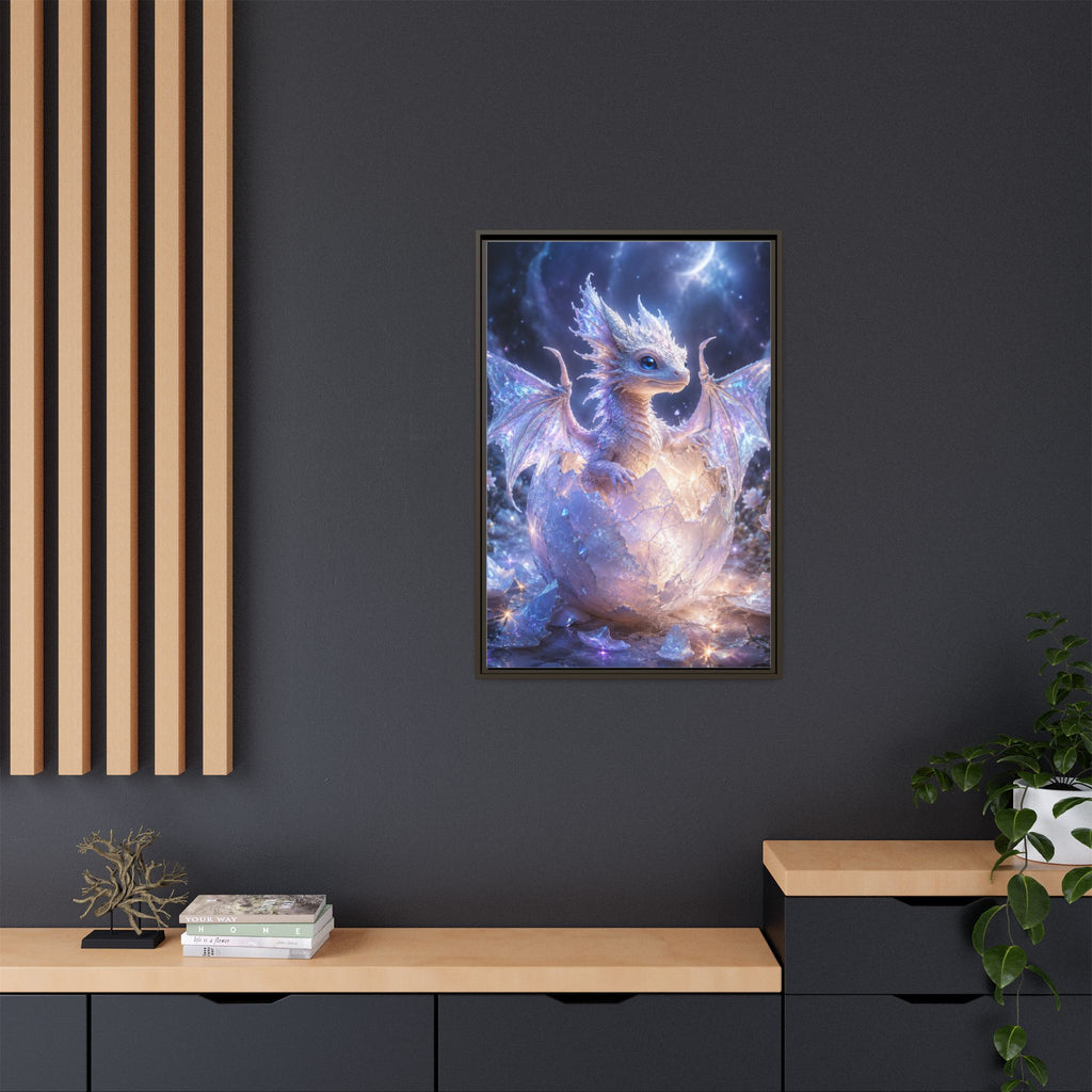 Framed Fantasy Dragon Canvas Print — Mystical Baby Dragon in Cracked Egg Wall Art
