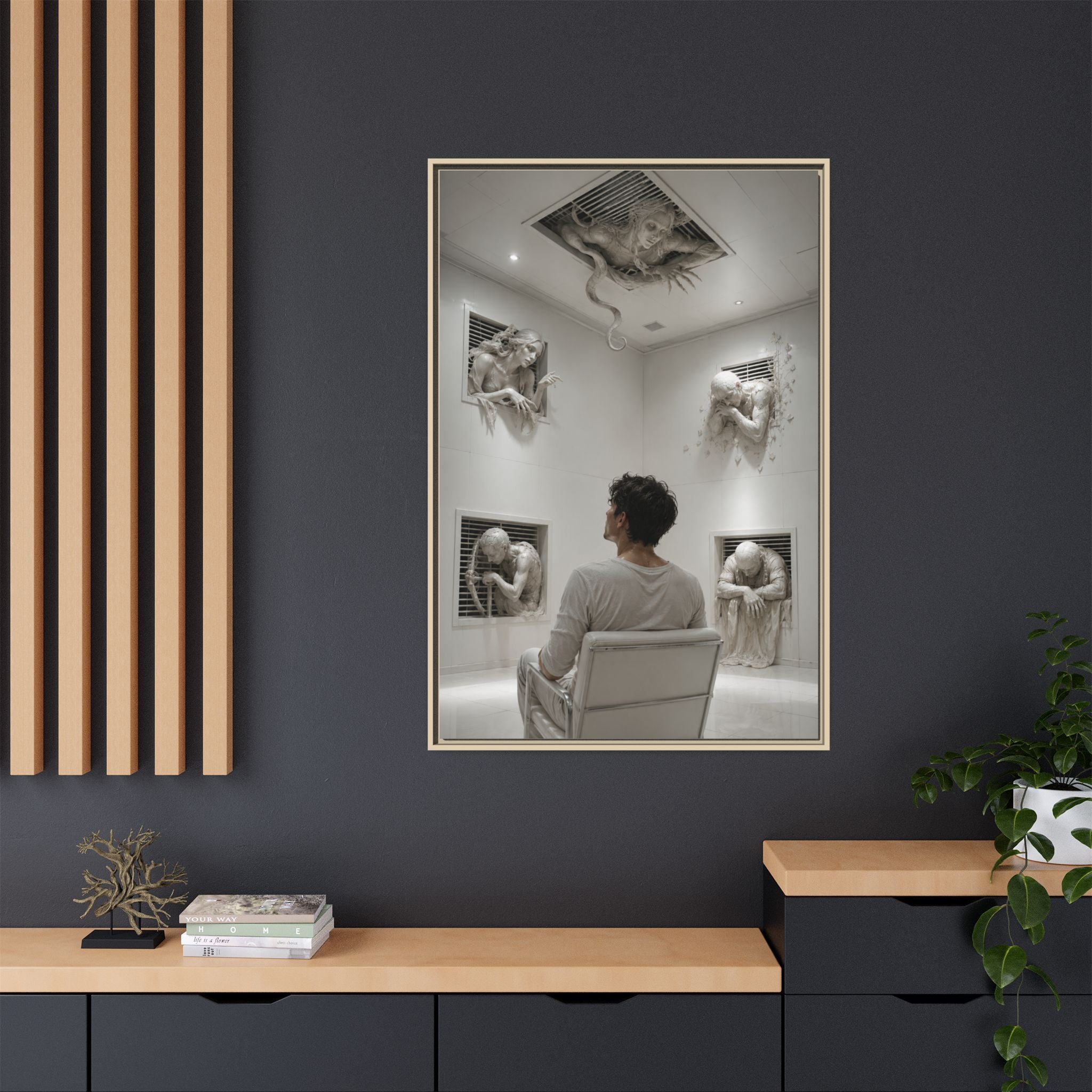 Surreal Wall Art Canvas — Man in Gallery with Sculpted Figures, Framed Matte Print