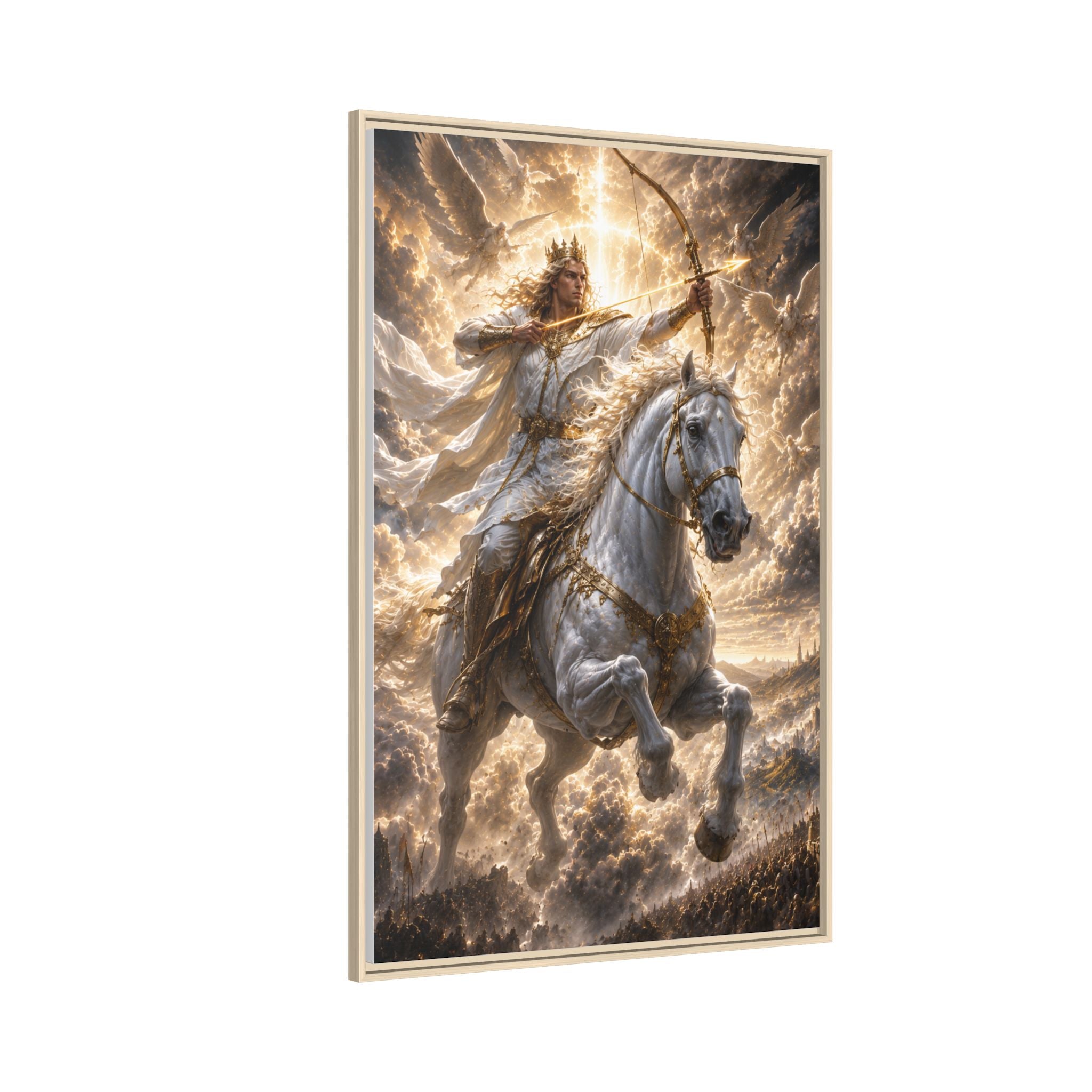 Mythic Warrior on White Steed — Framed Matte Canvas Wall Art