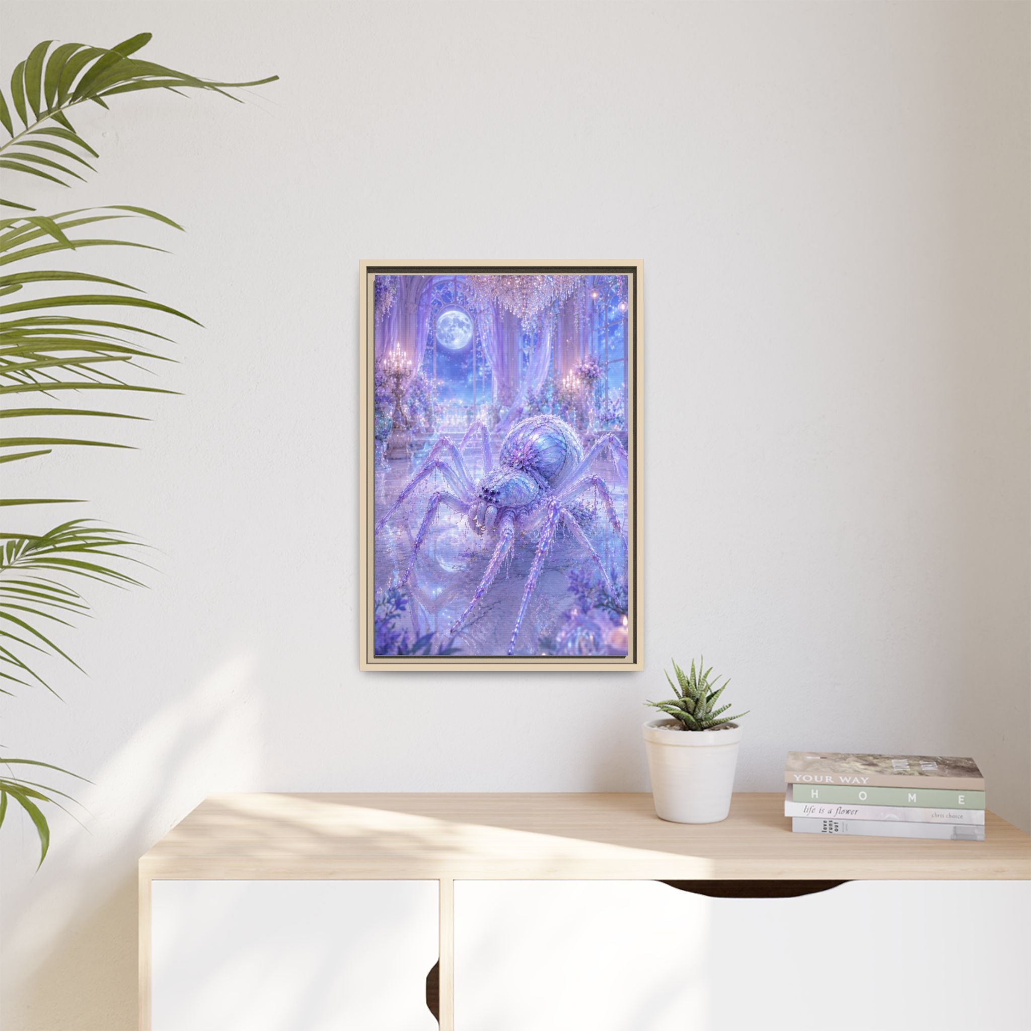 Moonlit Spider Fantasy Canvas Print — Lavender Enchanted Wall Art (Framed)