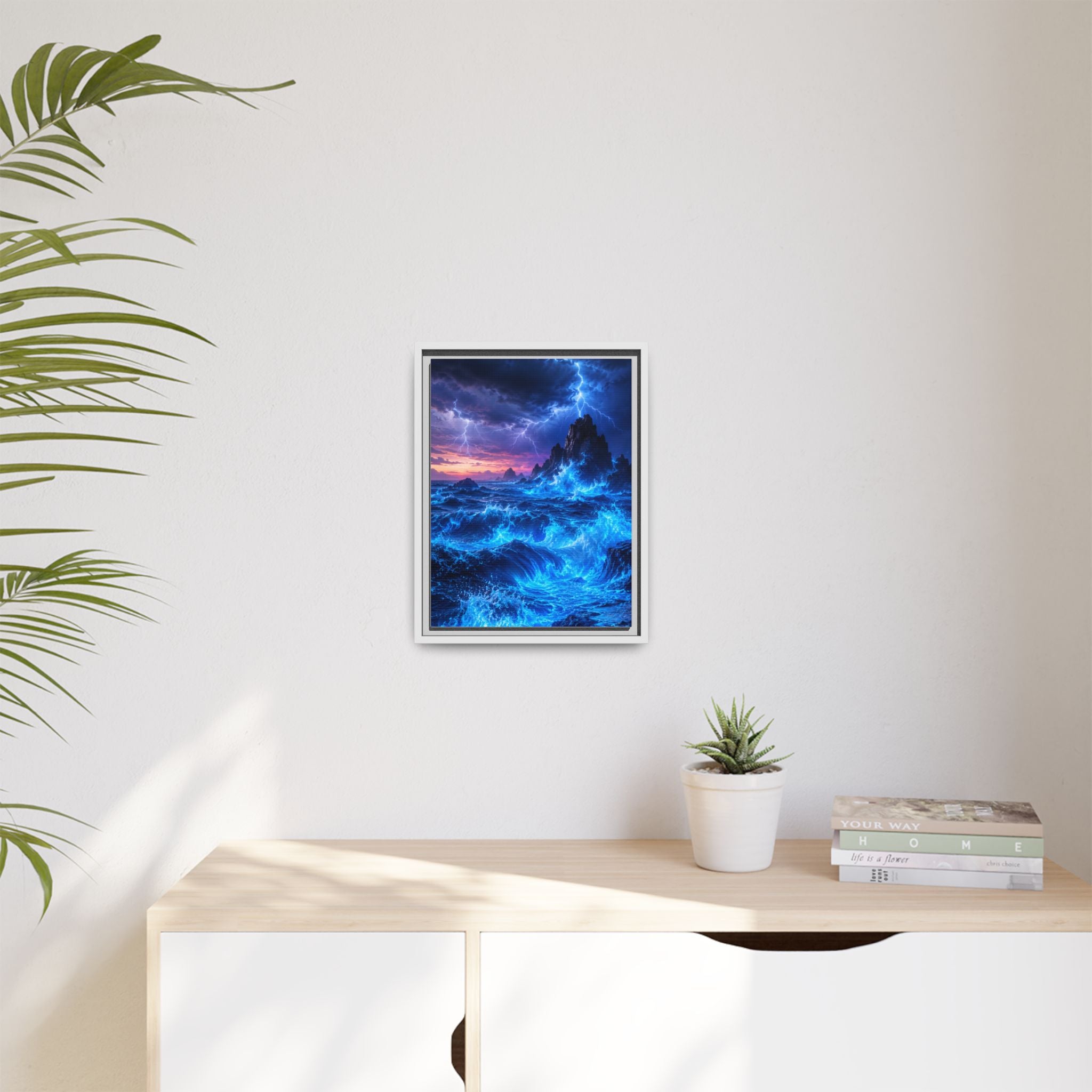Framed Matte Canvas Art — Electric Stormy Ocean Landscape