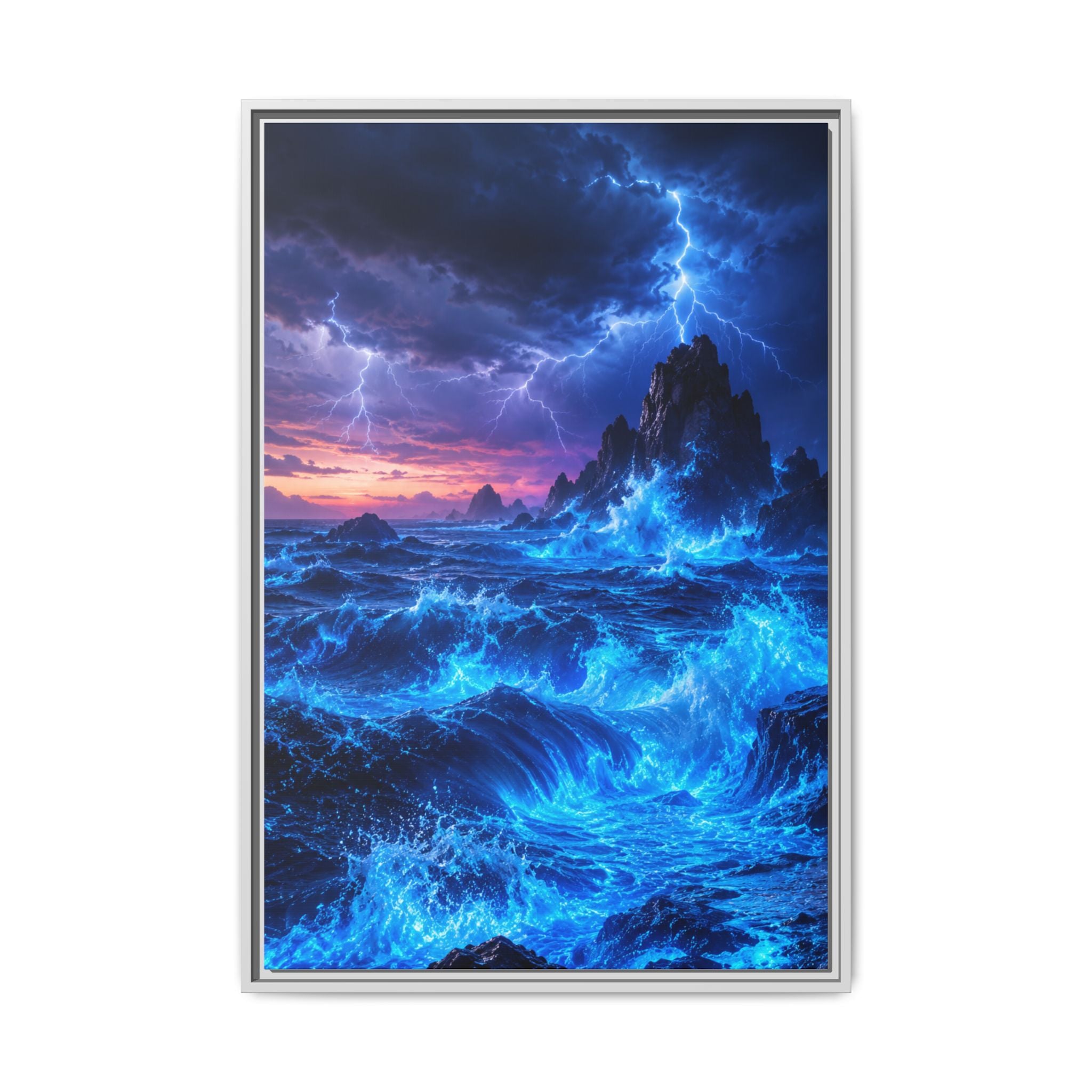 Framed Matte Canvas Art — Electric Stormy Ocean Landscape