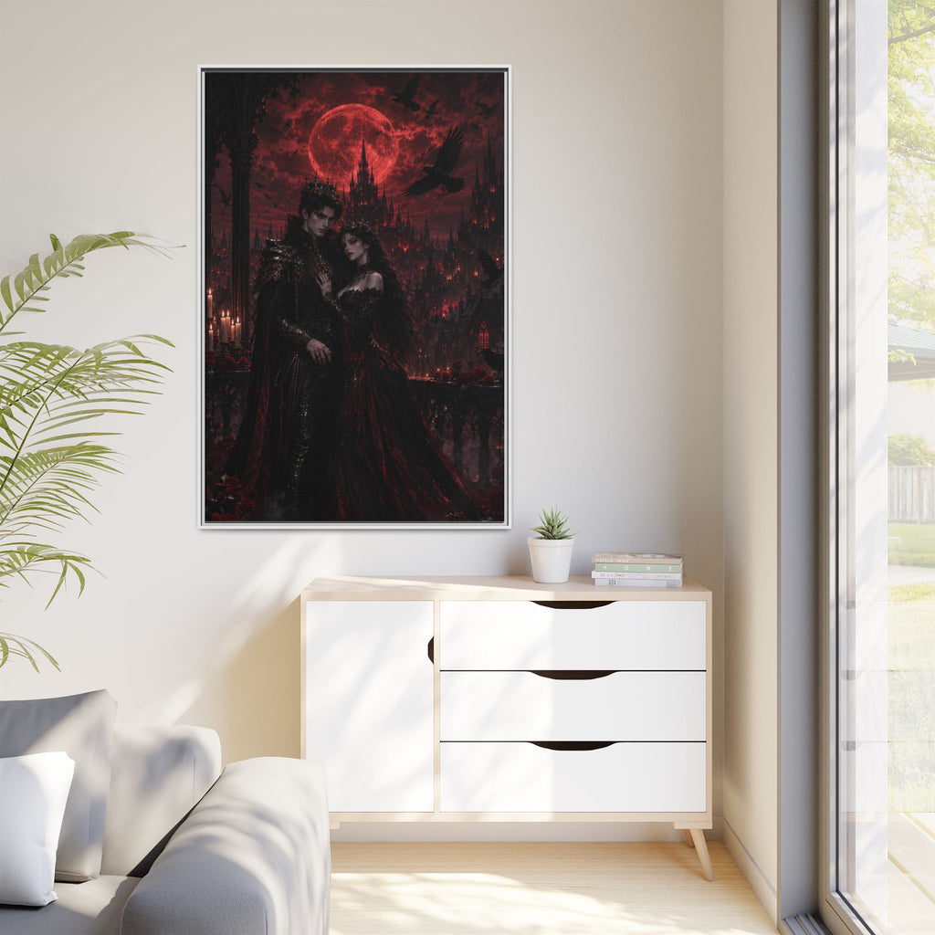 Vampire Lovers Matte Framed Canvas — Gothic Red Moon Wall Art