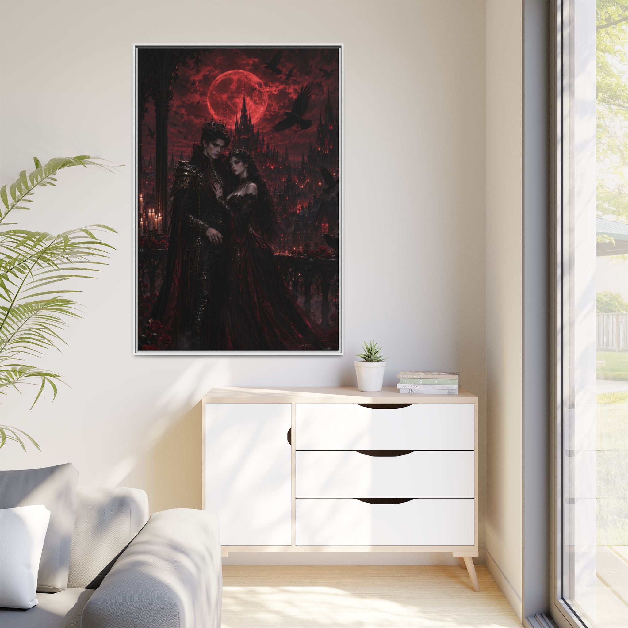 Vampire Lovers Matte Framed Canvas — Gothic Red Moon Wall Art