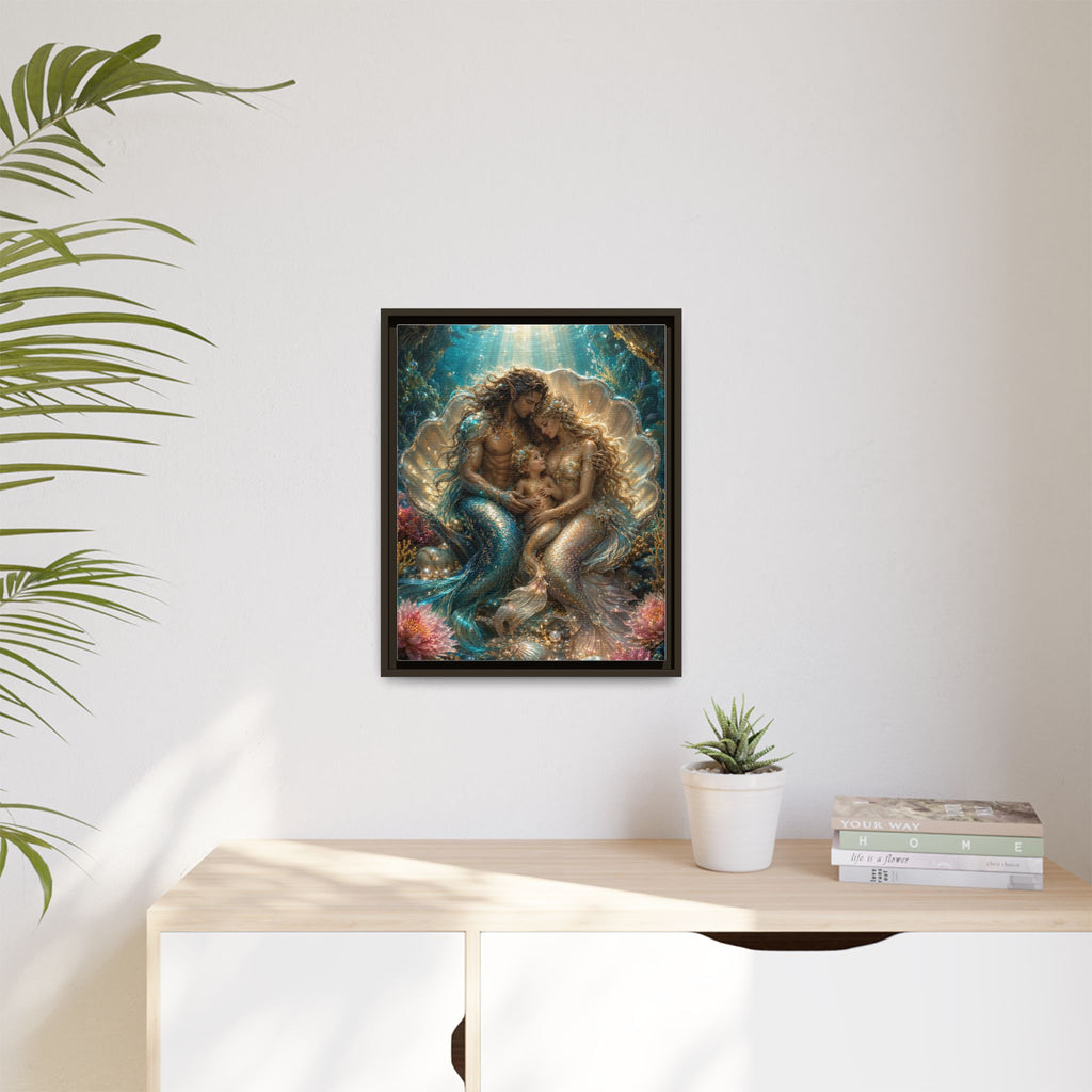 Framed Mermaid Family Art Print — Oceanic Fantasy Canvas Wall Decor