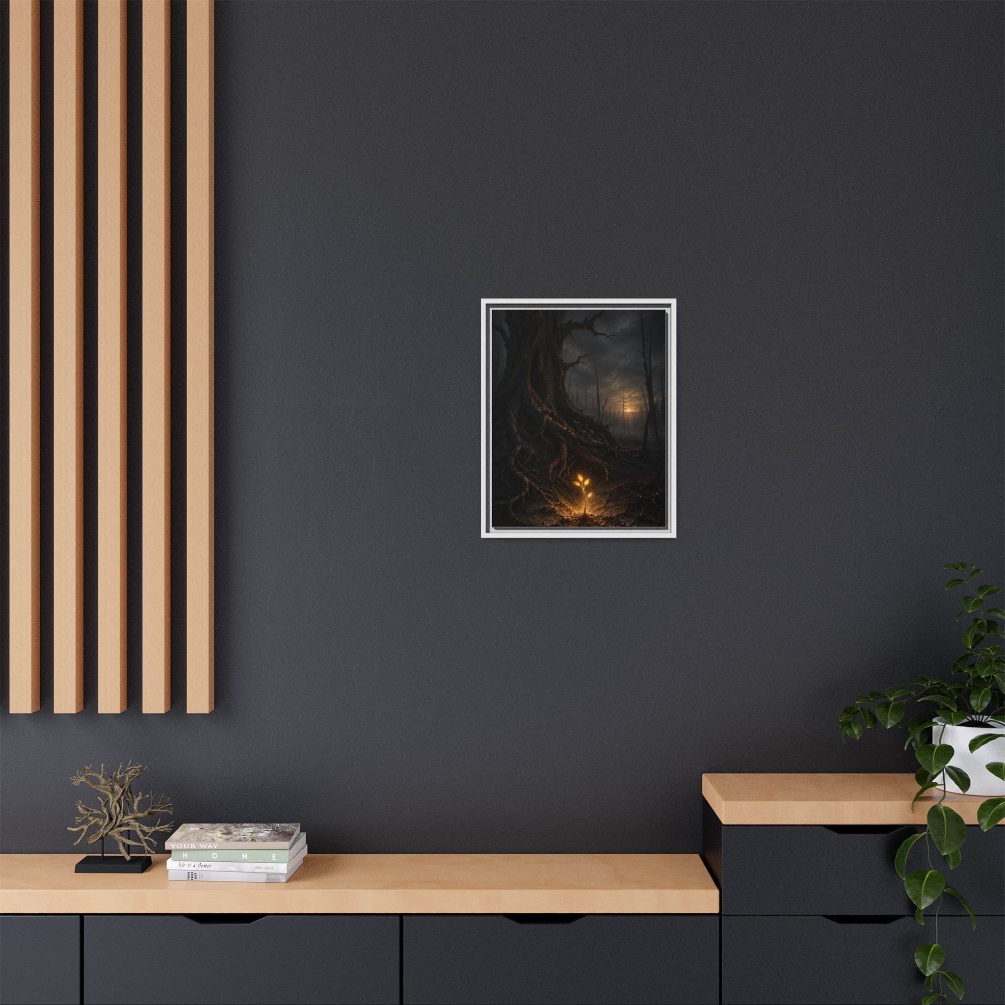 Framed Matte Canvas — Glow Sprout in Dark Forest (Ethereal Fantasy Wall Art)
