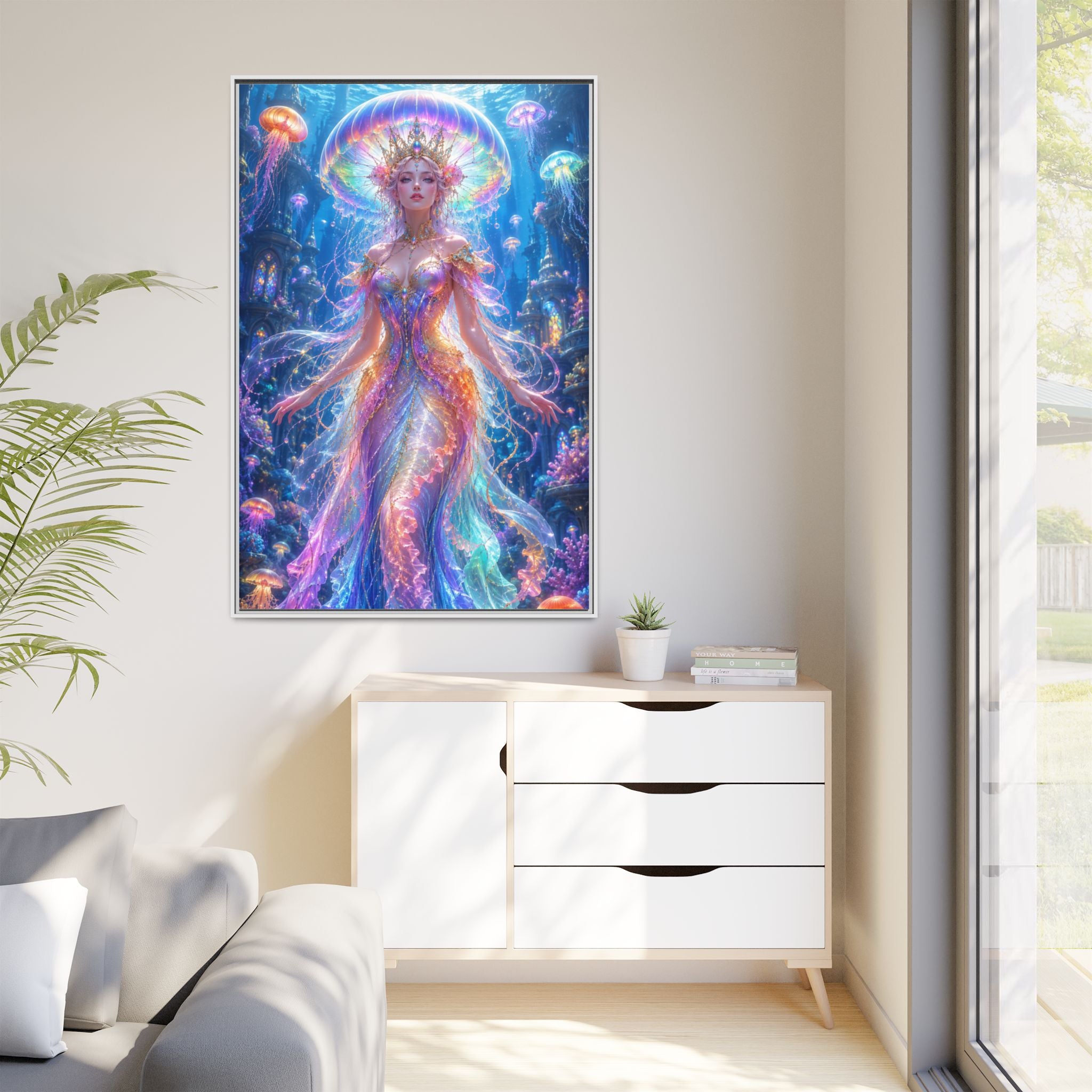 Jellyfish Queen Framed Canvas Art — Vibrant Mermaid Goddess Wall Print