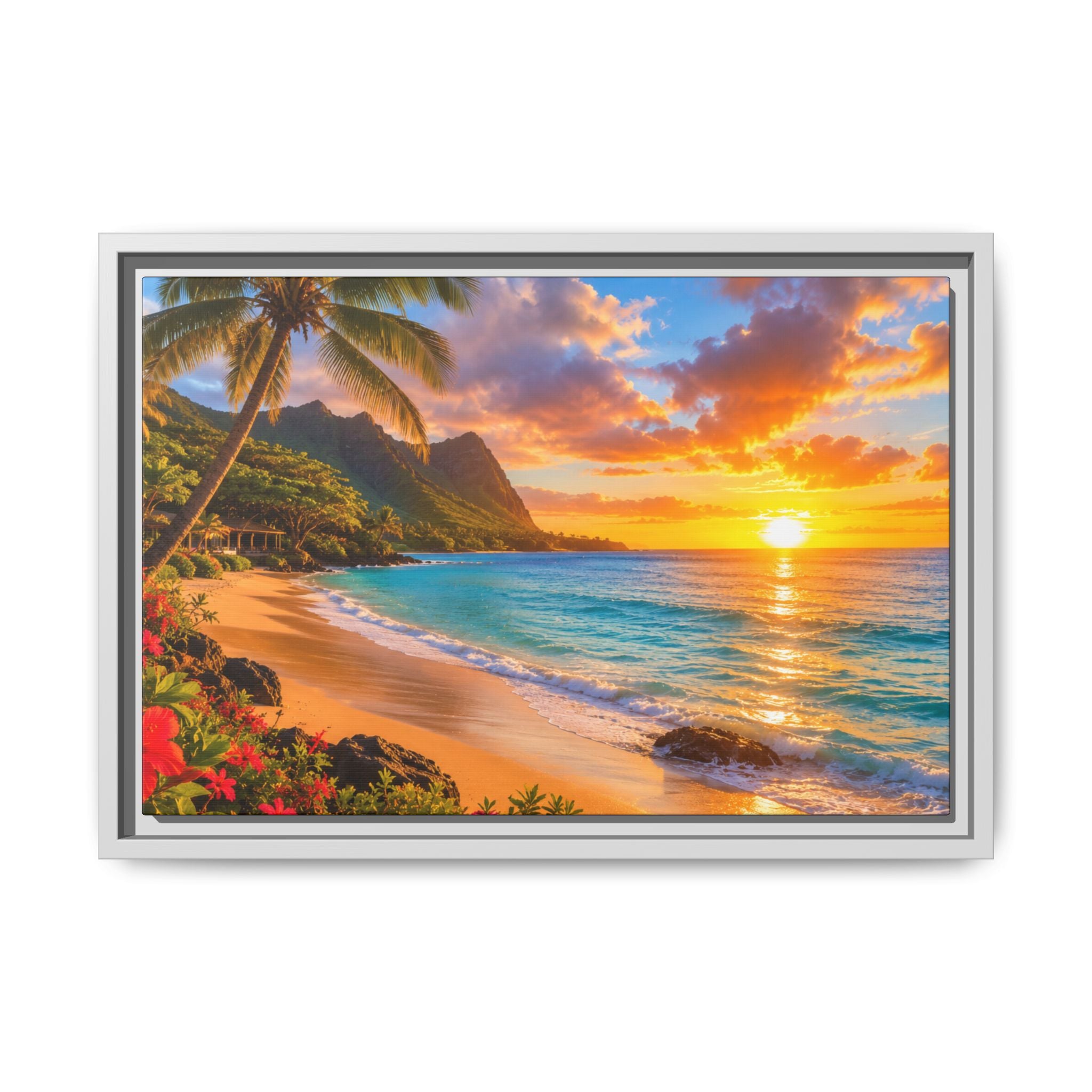 Framed Tropical Sunset Beach Canvas — Matte Wall Art