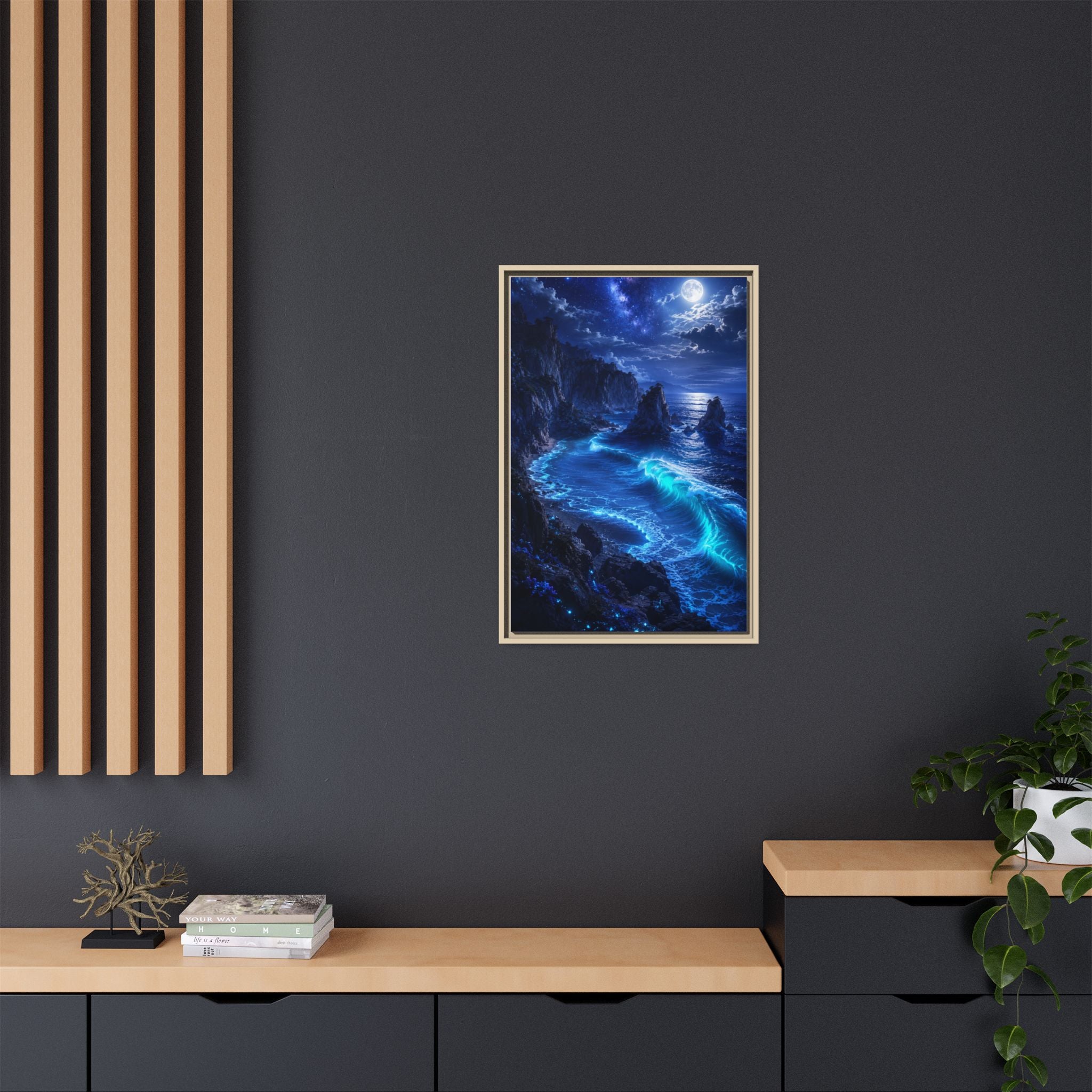 Framed Matte Canvas: Luminous Moonlit Ocean Art Print