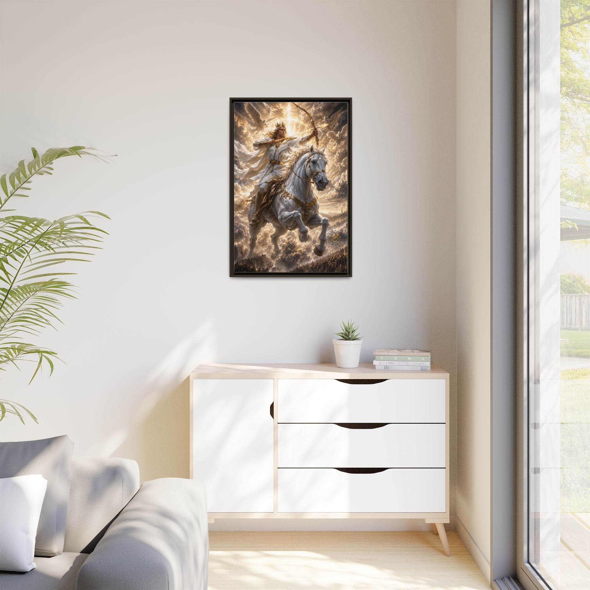 Mythic Warrior on White Steed — Framed Matte Canvas Wall Art
