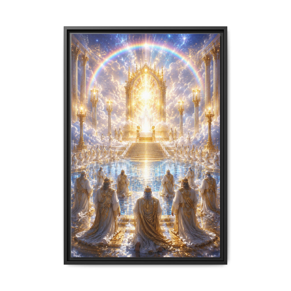 Heavenly Throne Room Matte Framed Canvas — Golden Angelic Realm Wall Art