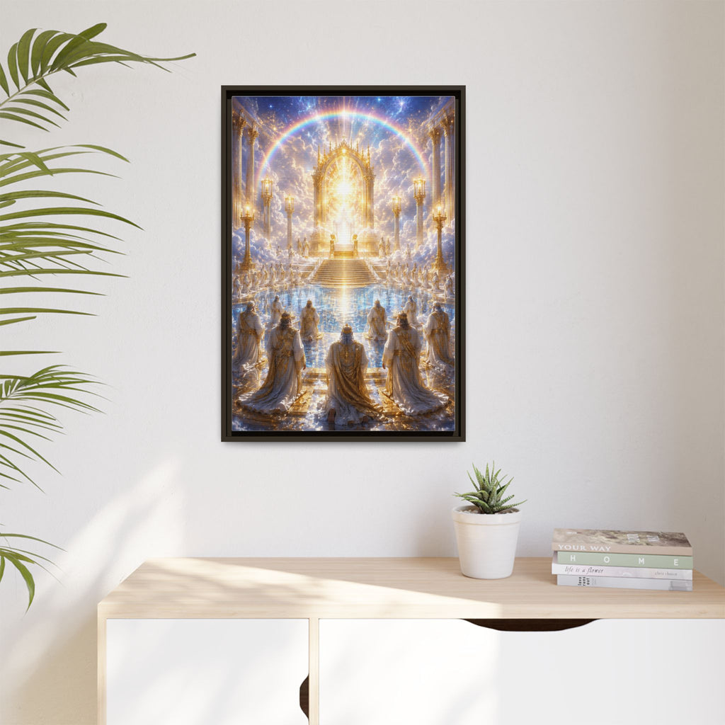 Heavenly Throne Room Matte Framed Canvas — Golden Angelic Realm Wall Art